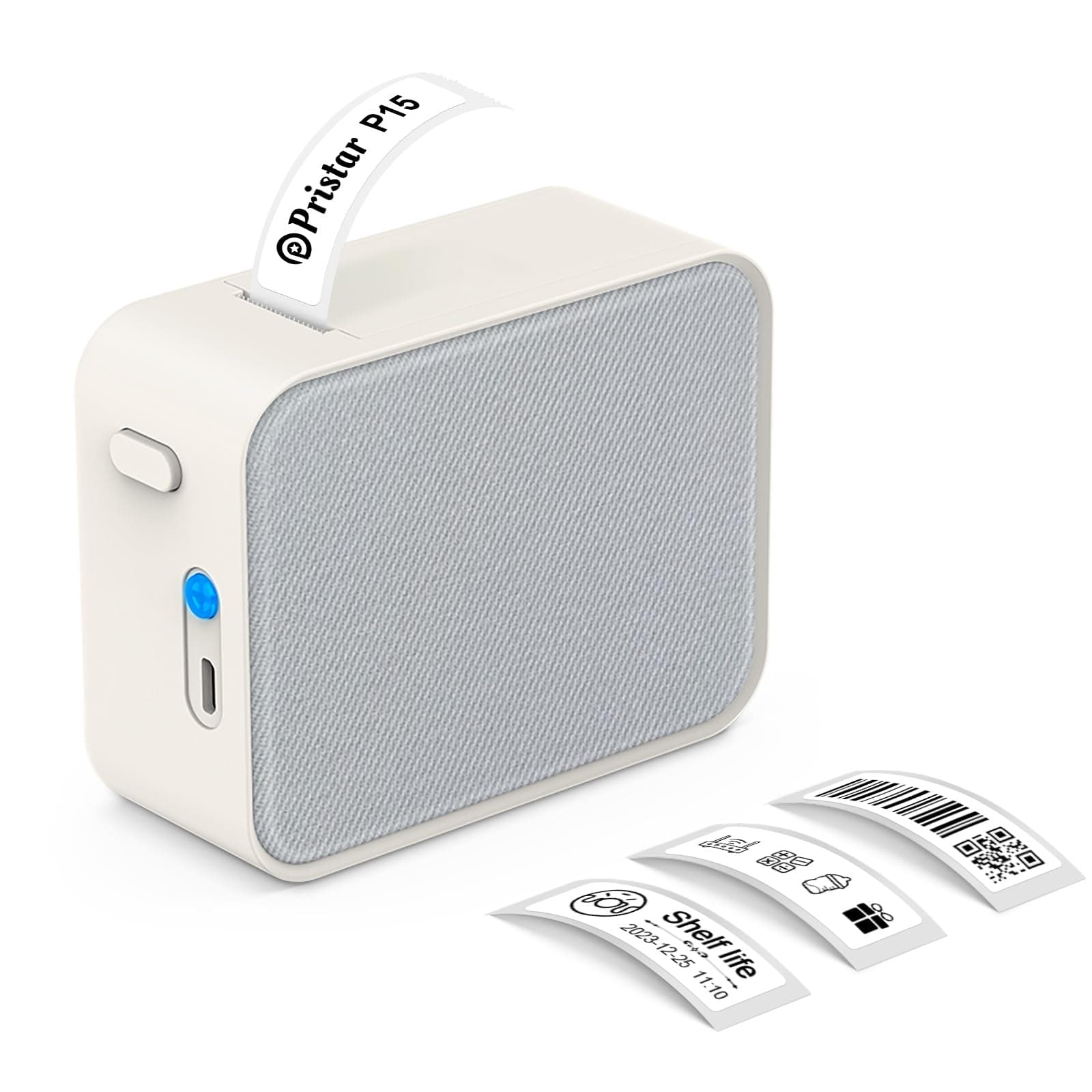 Pristar Etiquetadora Bluetooth, Mini Impresora de Etiquetas Autoadhesivas P15, Conexión App, Compatible con iOS y Android para el Hogar, La Oficina y La Escuela (Tejido Gris)