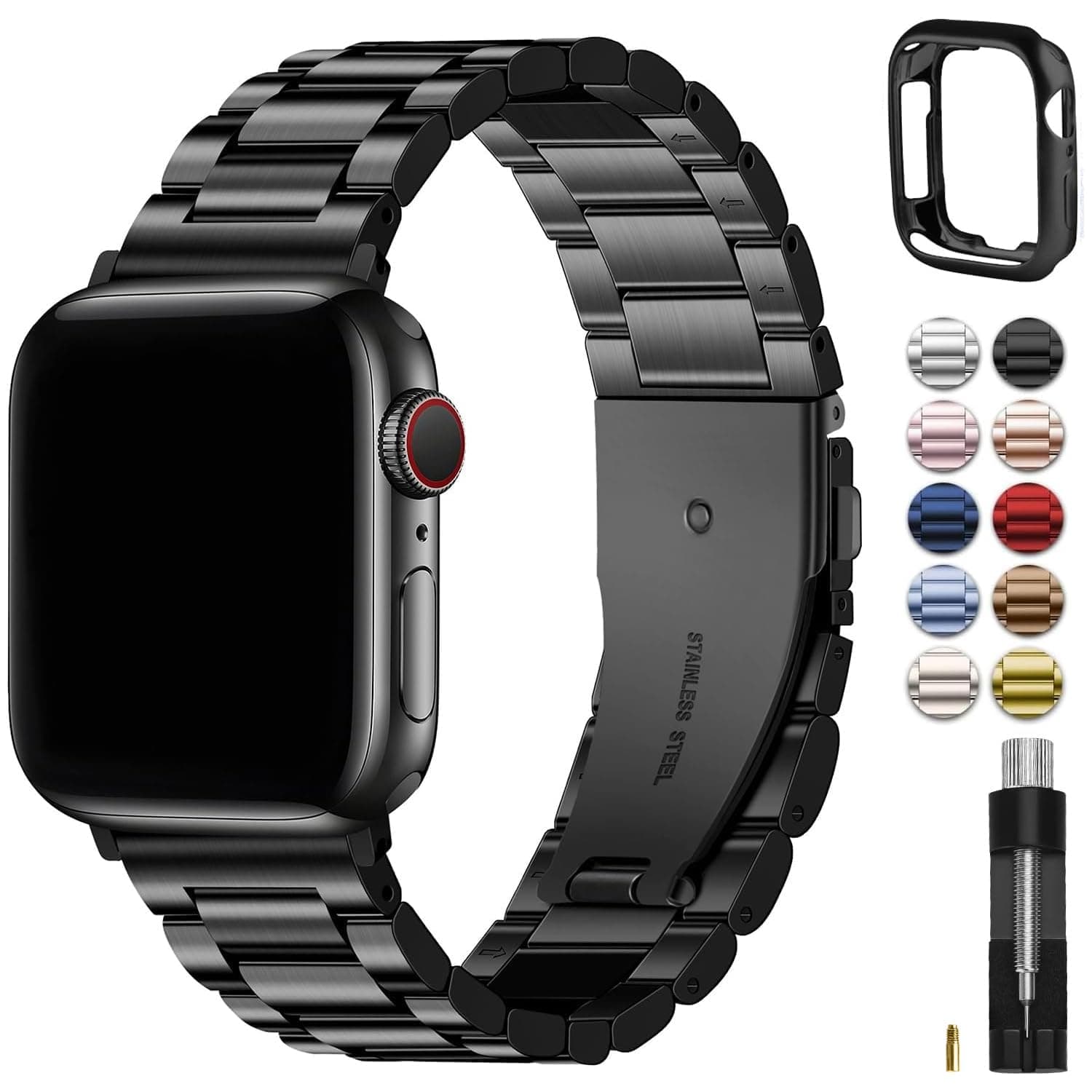Fullmosa Cinturino per Apple Watch 40mm 41mm 38mm, Cinturino in Acciaio Inossidabile Compatibile con Apple Watch SE3 SE2 SE Serie 9 8 7 6 5 4 3 2 1, Cinturini di Ricambio per Donna e Uomo, Nero