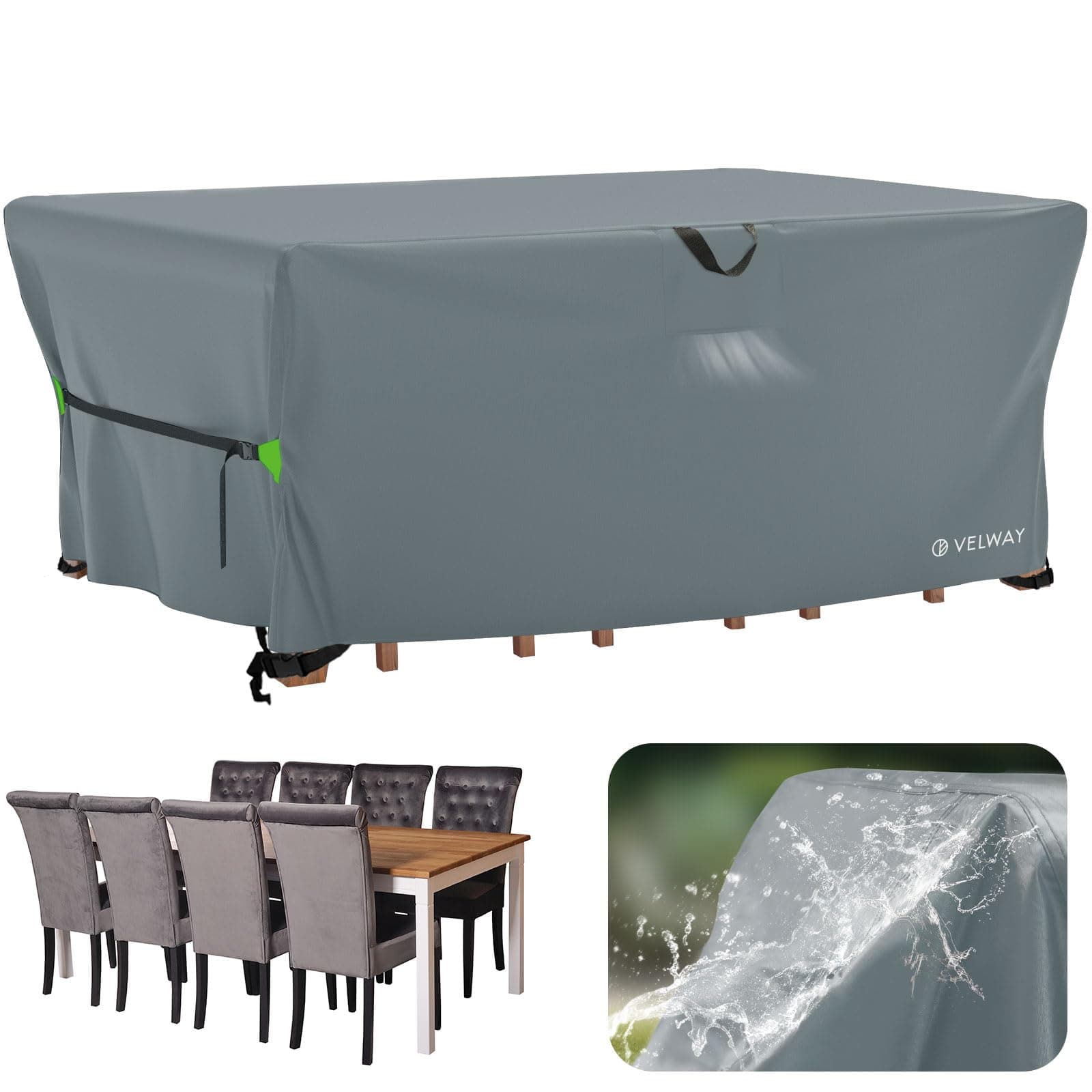 Velway Copertura Tavolo Esterno Giardino Impermeabile 242x162x71cm Grigio | Telo Copri Tavolo per Mobili con Sfiato d'Aria, Antivento, Antipolvere, Anti-UV, per Tavoli e Sedie da Cortile, Rettangolare