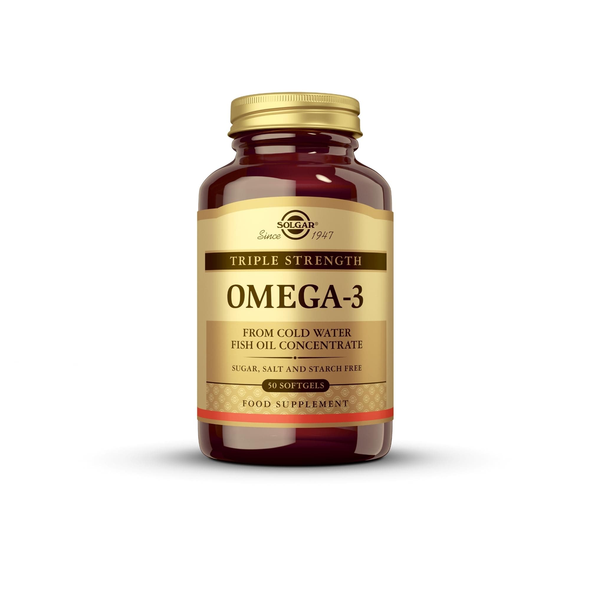 Solgar Omega 3 triple concentración, Apoyo al Cuidado del Corazón, Aceite de Pescado Concentrado de Aguas Frías que Aporta EPA y DHA, 50 Cápsulas