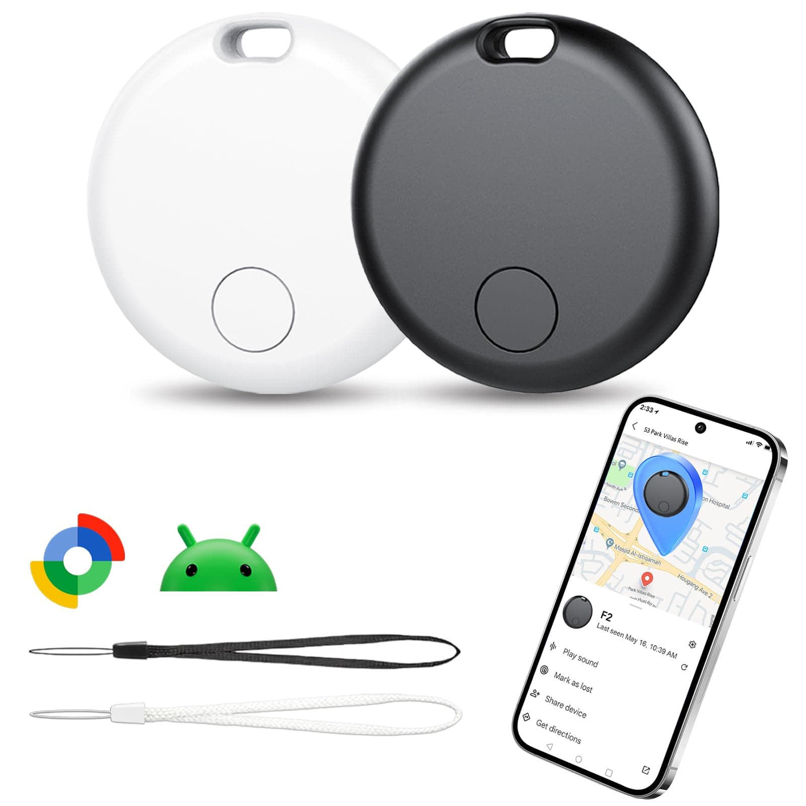 Android Smart Tracker Tag, Localizador Bluetooth Compatible con Google Find Hub (Solo Android), Air Tracker Tag Llavero para Maleta, Llaves, Equipaje, Impermeable IP68 (Paquete de 2)