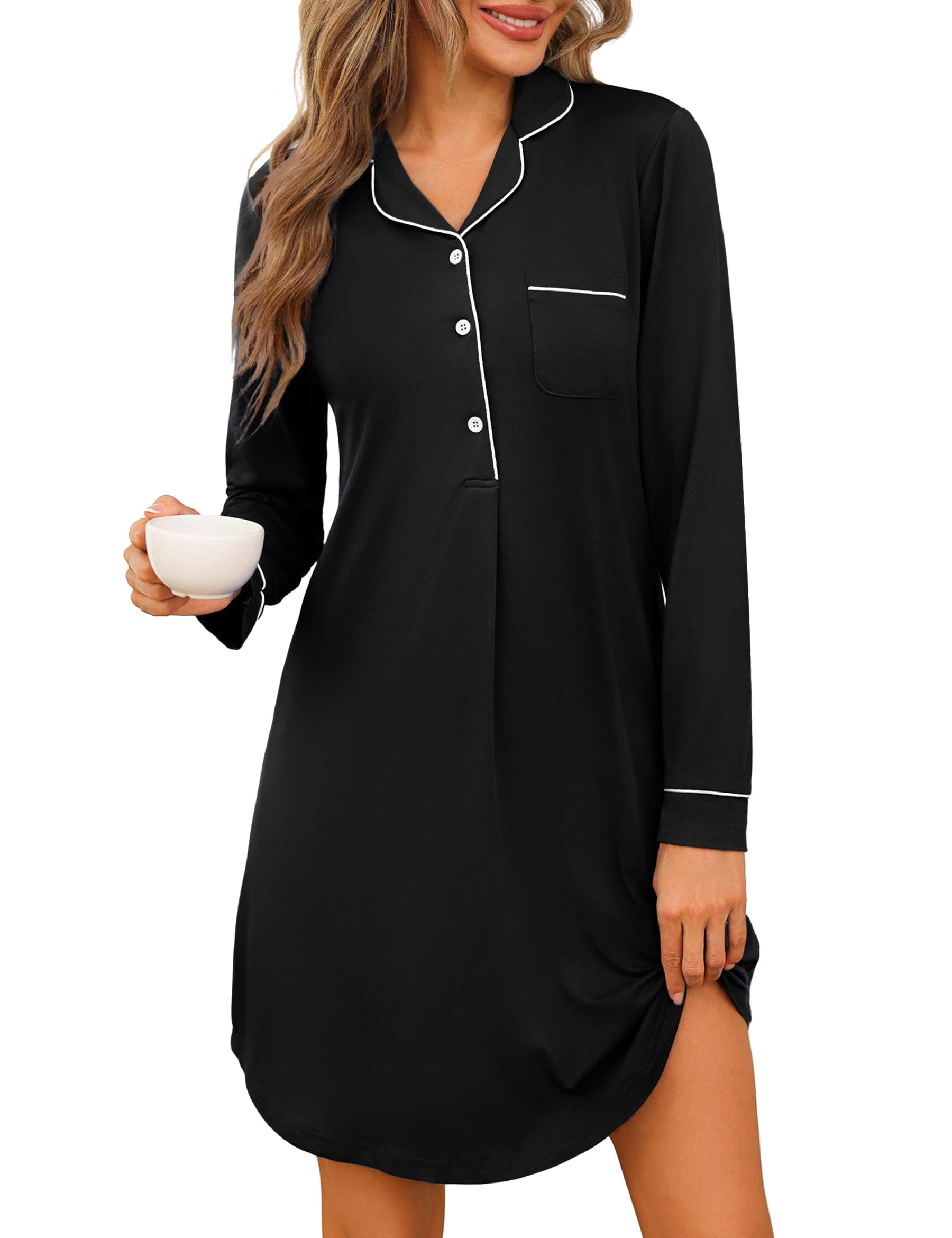 Jahetuul Camicia da Notte Donna Manica Lunga Cotone | con Bottoni e Scollo a V Confortevole Abito da Notte Aperta Davanti
