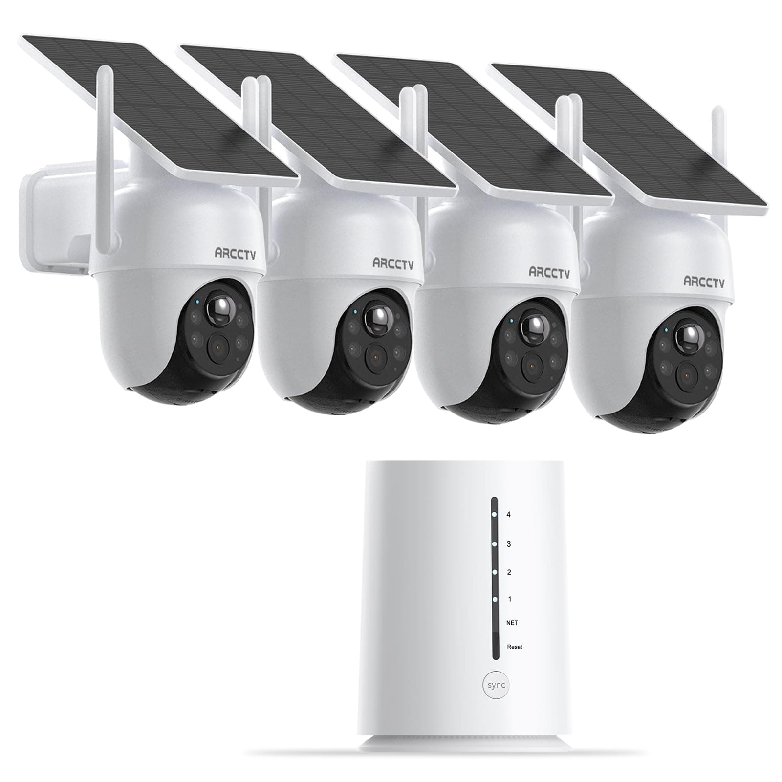 ARCCTV Q4 4MP Kit de Caméras de Surveillance Extérieures, Caméra Solaire WiFi Extérieure, sans Abonnement, Surveillance Humaine, 360° PTZ, Nocturne, 4 Caméras avec Station de Base, avec Carte 64 Go