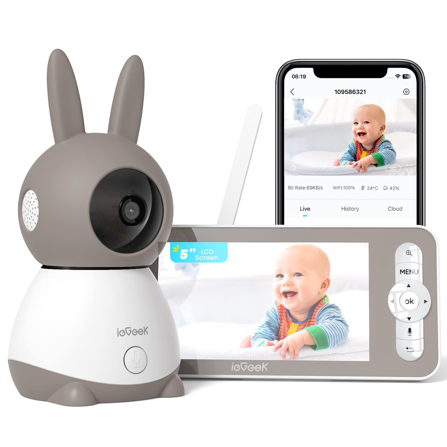 ieGeek Top 2K/5" Qualité Babyphone Caméra Bebe,PTZ 360° Baby Phone Vidéo connecté Smartphone, Visiophone avec Alertes Intelligentes/Vision Nocturne/Suivi Automatique
