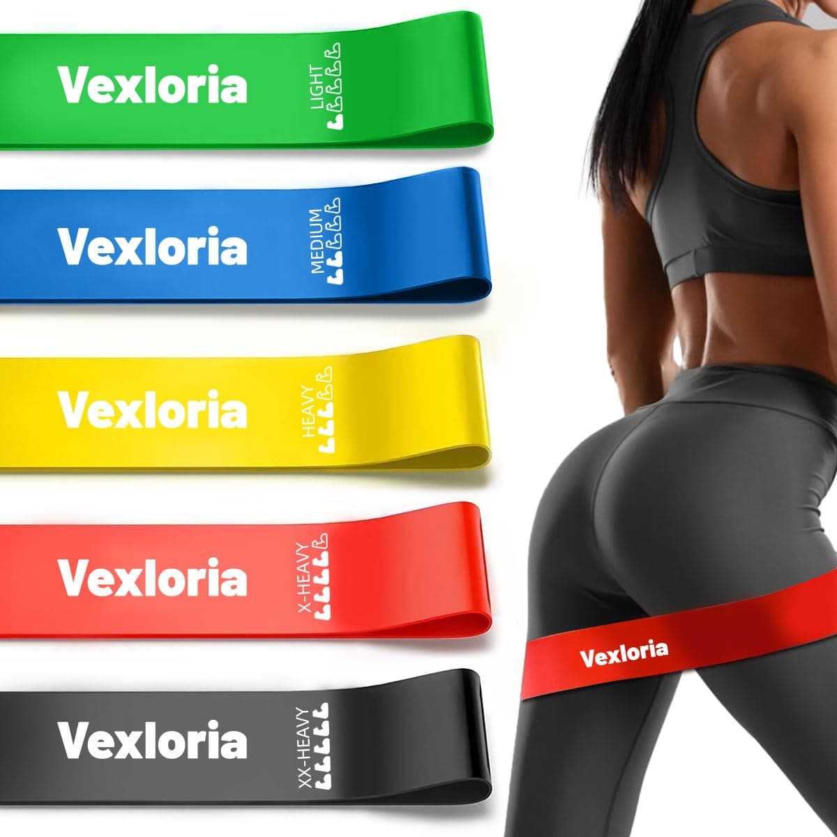 Vexloria Set di Elastici Fitness - 5 Livelli di Resistenza per Allenamento a Casa, Palestra, Yoga. Include Custodia da Trasporto, Ideali per Esercizi Completi del Corpo