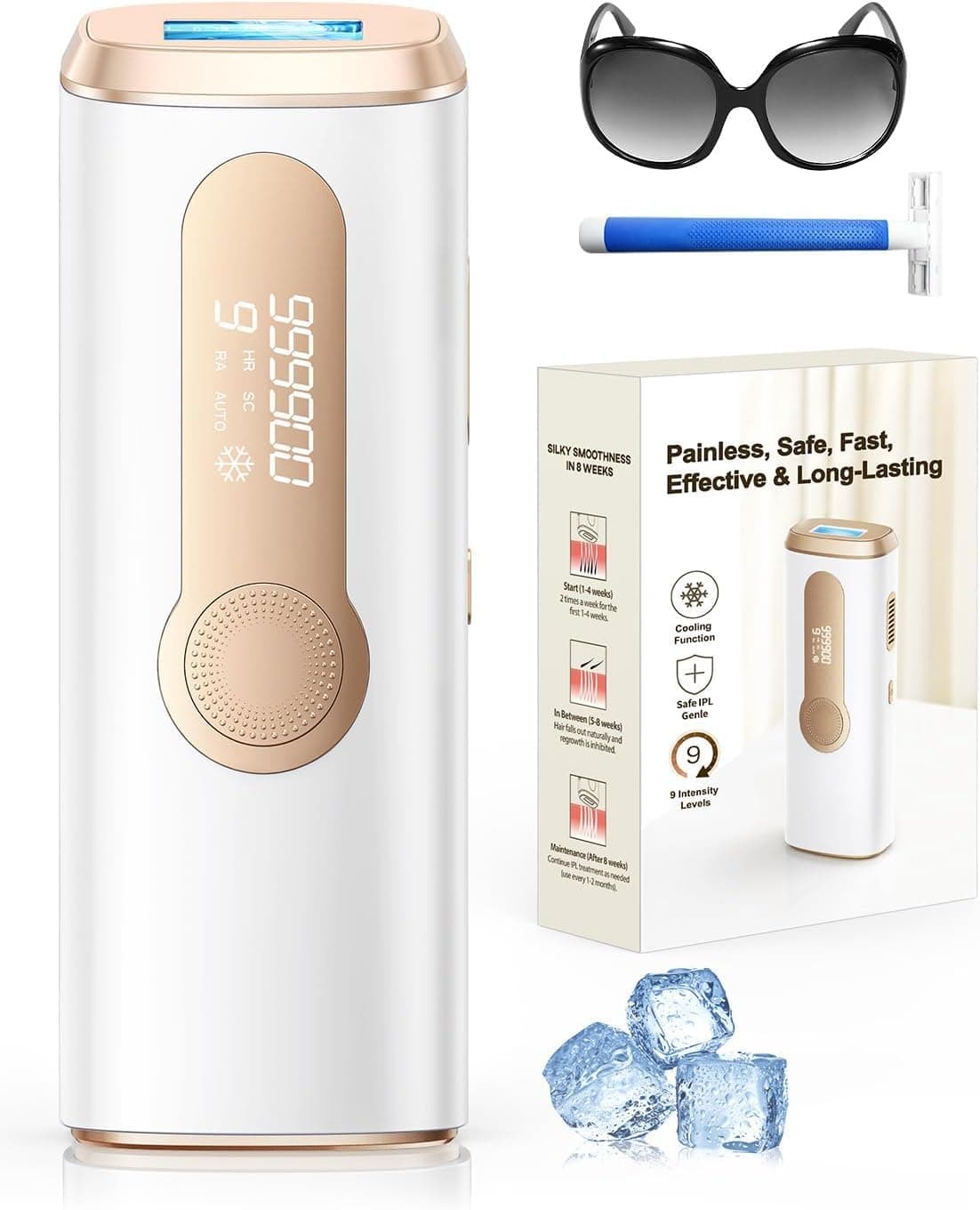 Haarlosy Depiladora Laser IPL con Refrigeración, Innovadora Función 3 en 1, 9 Niveles de Energía, 999,900 Flashes, Depiladora Luz Pulsada Indolora para Todo el Cuerpo, GLY06