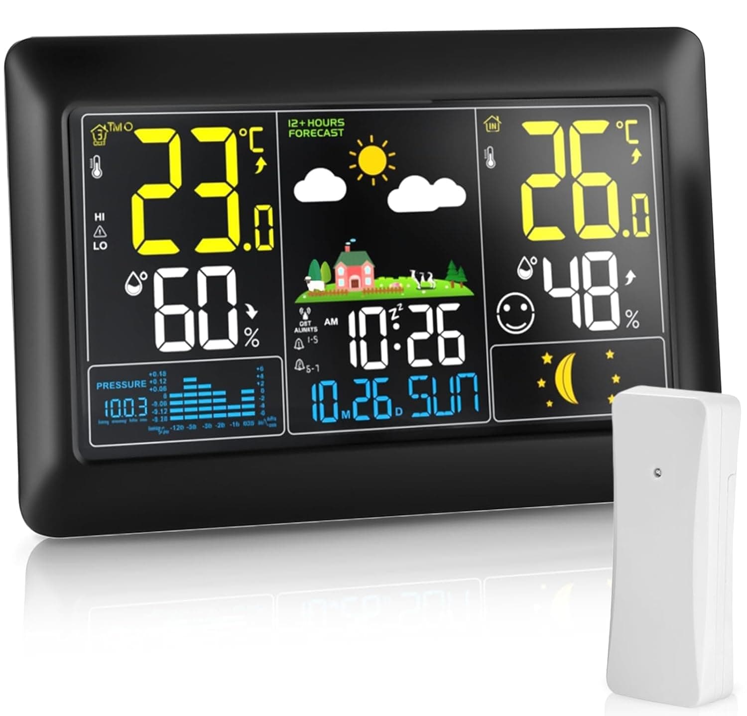 Gros Station Météo Interieur Exterieur Sans Fil, Écran VA de 7,5 pouces, couleur avec indication de la température intérieure et extérieure ainsi que de l'humidité DC Noir