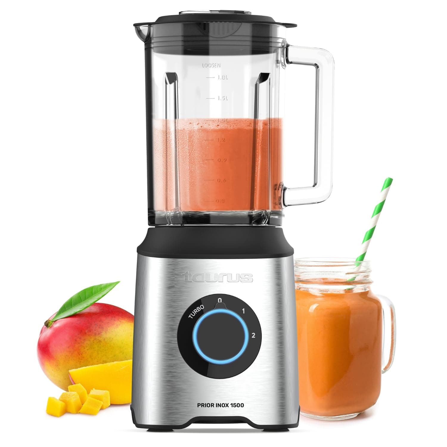 Taurus - Batidora de Vaso 1500W | 2 Velocidades TURBO | Jarra Cristal 2L | Cuchillas 6 Filos | Acero Inoxidable | Base Antideslizante | BPA Free