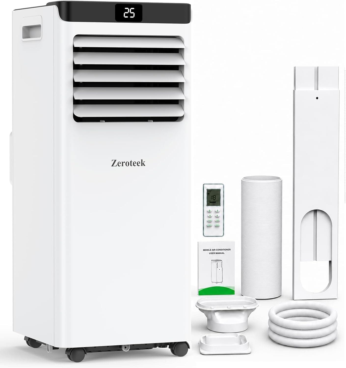 Klimaanlage Mobil, 4-in-1 Leistungsstark Mobile Klimaanlage mit Abluftschlauch, Kühlen, Entfeuchten, Ventilator, Fernbedienung, Intuitive Anzeige, 24h-Timer, Fenster-Kit, für Räume bis zu 33m²/90m³