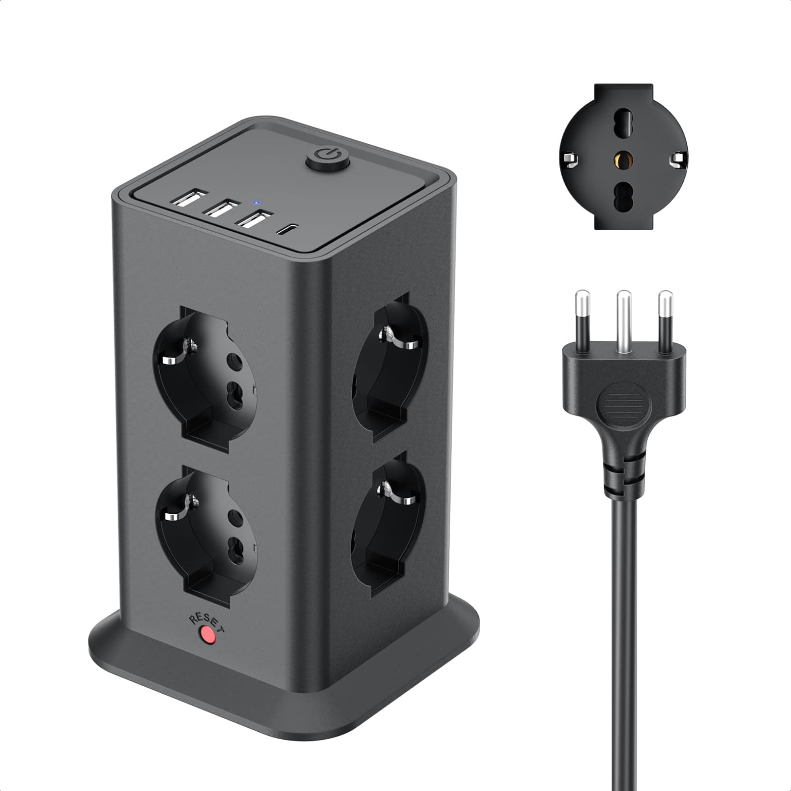 2 M Ciabatta Elettrica Multipresa con 8 Prese Universali ITA e Schuko,4 USB | 8 10A/16A AC Prese Multipla, Protezione Sovratensione Prolunga Elettrica,1 Interruttori Torretta Scarpetta Verticale 3680W