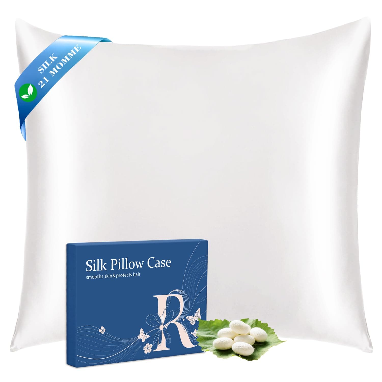 Ravmix Taie d Oreiller en Soie, Soie de mûrier 21 Momme, Deux Faces en Soie, certifiée Oeko-Tex, Douce pour la Peau et Les Cheveux, 1 unité, 65x65 cm, Blanc Ivoire