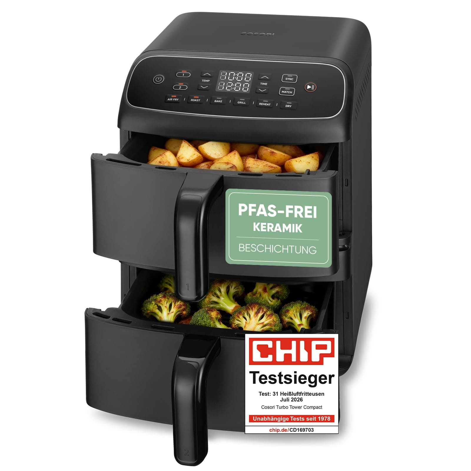 Cosori Airfryer, neue Generation 2026, Chip Testsieger, TurboBlaze-Tech | NTC-Tech, XL-Heizring, PFAS-freie Keramikbeschichtung, 39 % schmaler, 3 Lüfterstufen, Turbo Tower Compact