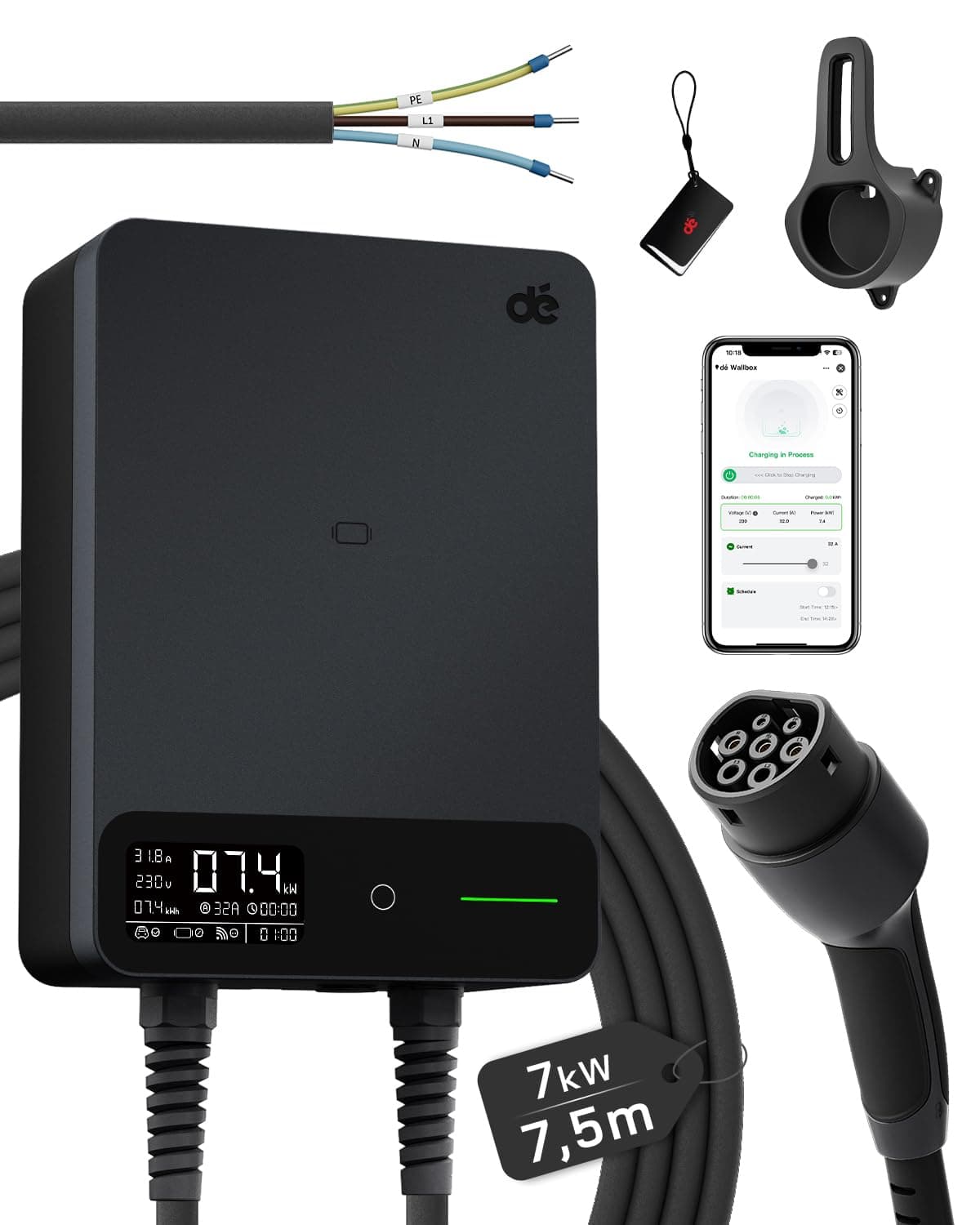 dé Wallbox 7,4 kW Tipo 2 con APP, cavo Tipo 2 7,5m, RFID, Wallbox Monofase 6-32A 230V, Colonnina Ricarica Auto Elettrica 7kW con RCD Tipo A 30mA AC + 6mA DC, IP54, per E-208 e altri BEV/PHEV, Nero