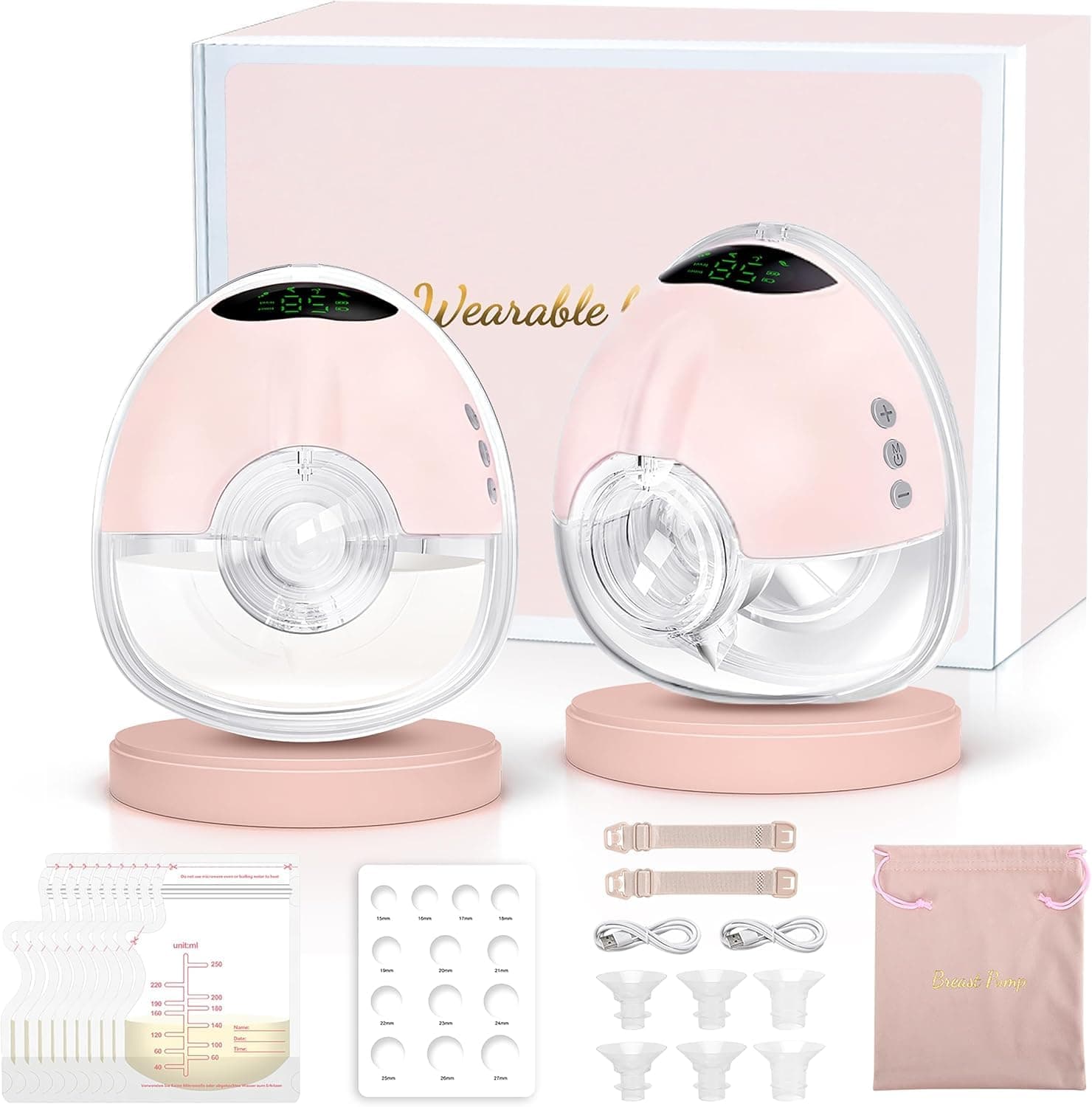 Lulia Tire Lait Electrique Main Libre LU05, 4 Modes 9 Niveaux, 350mmHg Forte Aspiration, Komfortabler & Portable, Sans douleur, Sans BPA, avec Bride de 17/19/21/24 mm (2 Paquets - Rose)