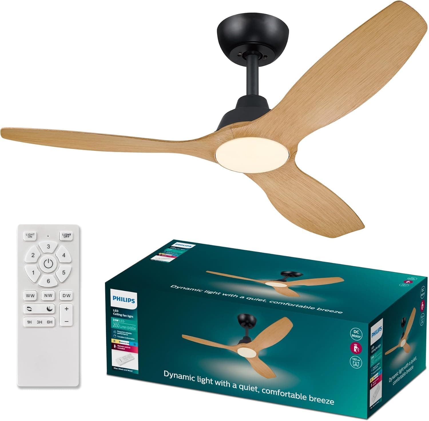 Philips Olas Ventilateur de Plafond, 3 Pales, Lumière LED 24 W, Moteur DC, Température de Couleur (3000 K-4300 K-6500 K) avec Fonction Variateur, Télécommande Incluse, noir, 52"