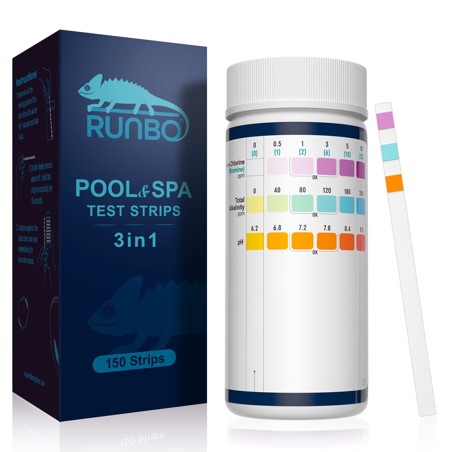 RUNBO 3 in 1 Strisce Reattive Piscina e Spa, Confezione da 150 Strisce Per Vasca Idromassaggio, Test pH, Alcalinità Totale, Cloro, Kit di Test Accurato Piscina