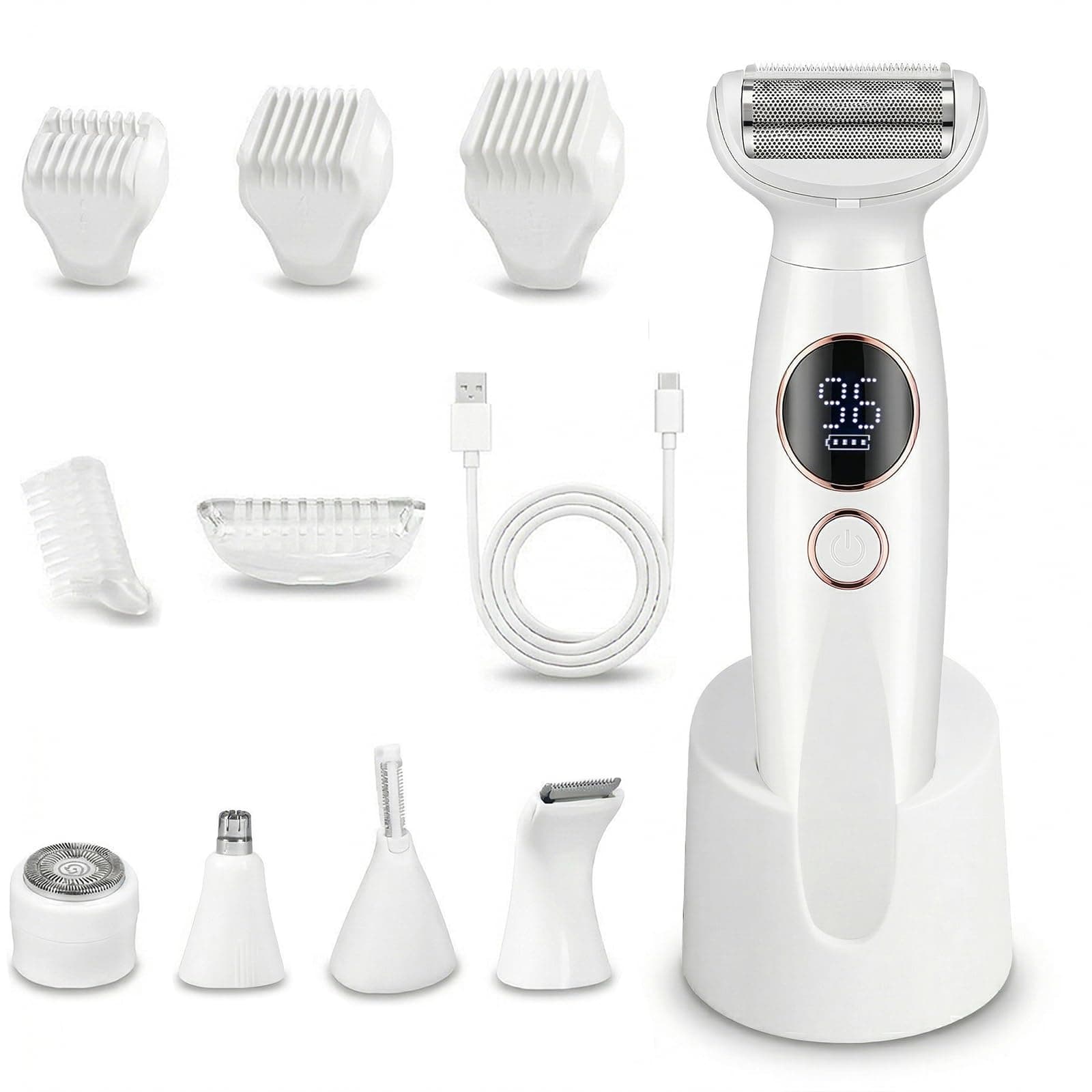 Carehabi Rasoir Électrique Femme 5 en 1 & Tondeuse Bikini - Rasoir Intime Femme Étanche IPX7 pour Visage, Corps, Maillot & Sourcils - Lady Shaver Sans Fil avec Base de Charge USB