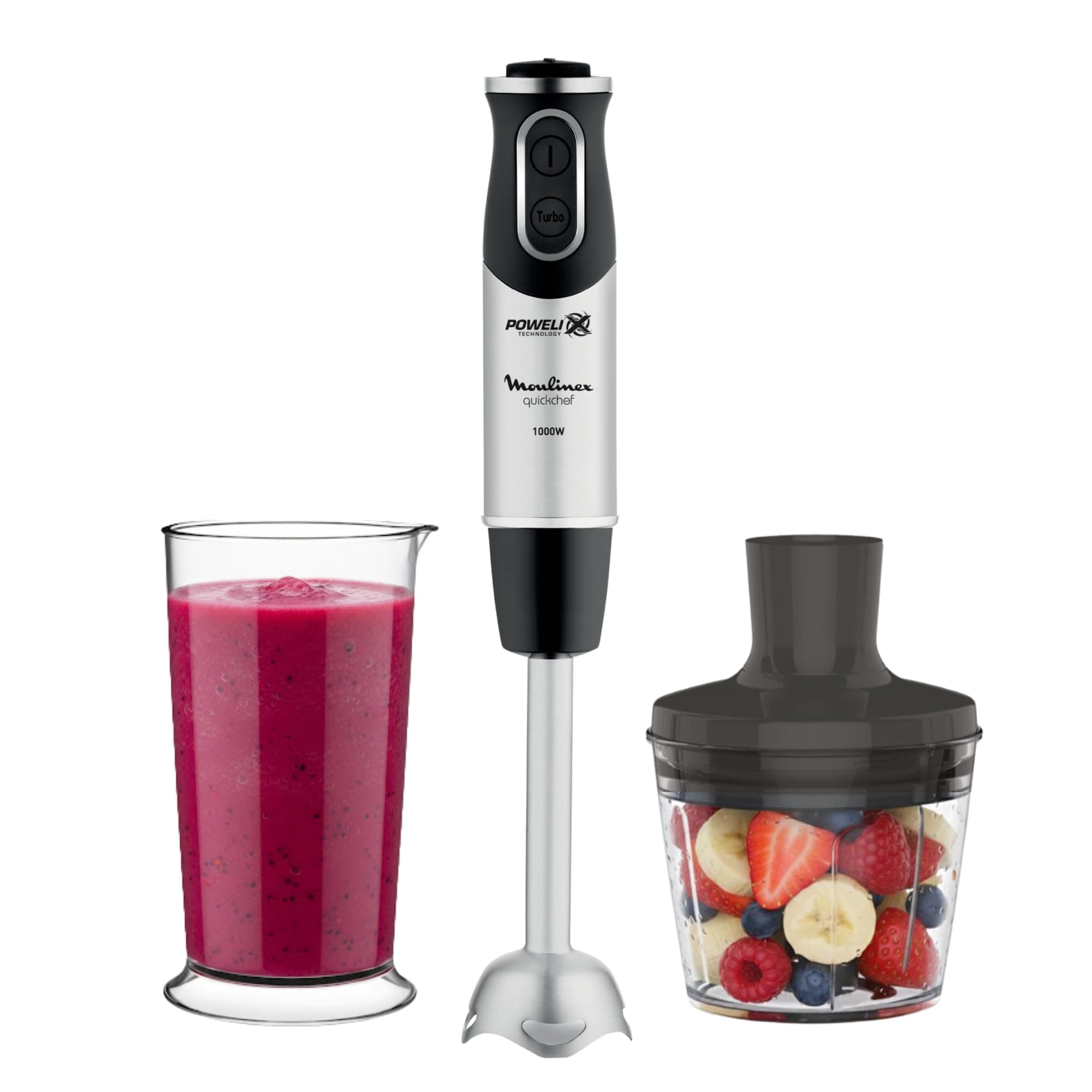 Moulinex QuickChef, Batidora de Mano de 1000 W, 10 velocidades variables y función turbo, Protector antisalpicaduras, Incluye picador de 500 ml y vaso medidor de 800 ml, Negra, DD6578