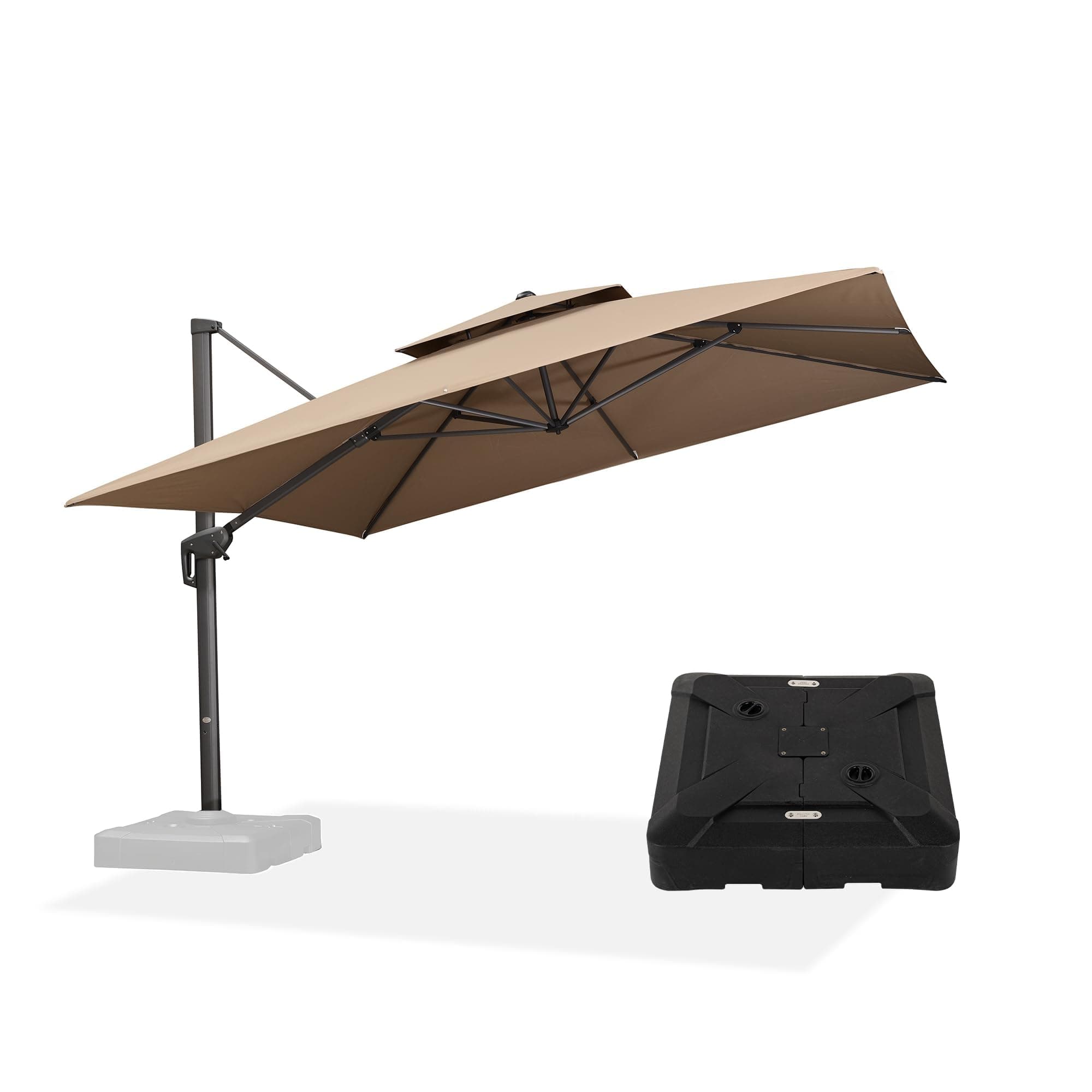 PURPLE LEAF Parasol Déporté 3,65 x 3,65 m avec Pied, Parasol De Jardin Extérieur Toit à Double, Résistant aux Intempéries, Aluminium Amélioré, 6 Positions d'inclinaison et Rotation à 360°, Taupe