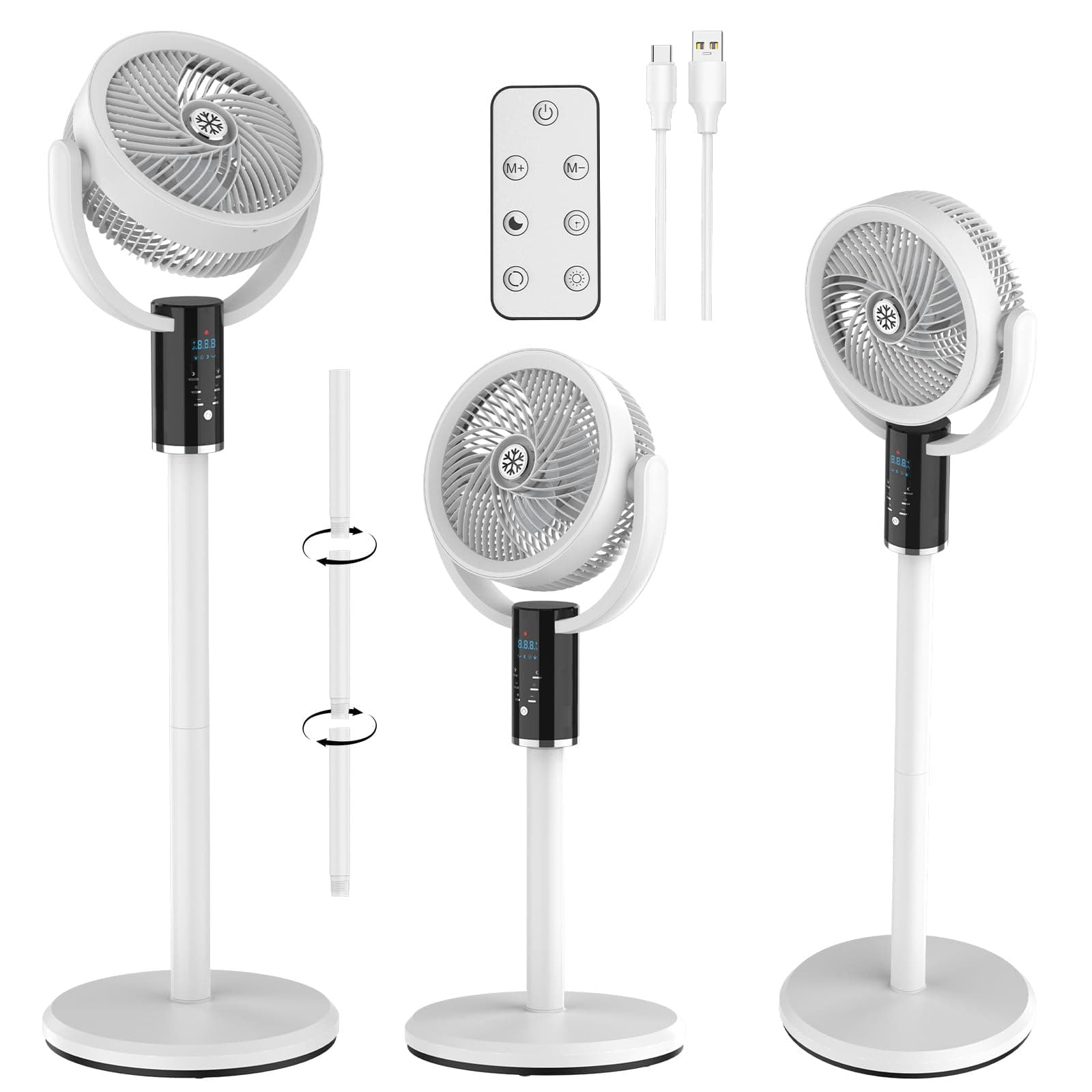 Ventilateur sur Pied Sans Fil Silencieux 26dB, Rechargeable Type-C, 8 Vitesses, Oscillation 80° Auto + 90° Manuel, 3-en-1, Minuterie 8H, Aromathérapie, Télécommande, pour Chambre, Salon, Camping, Bébé