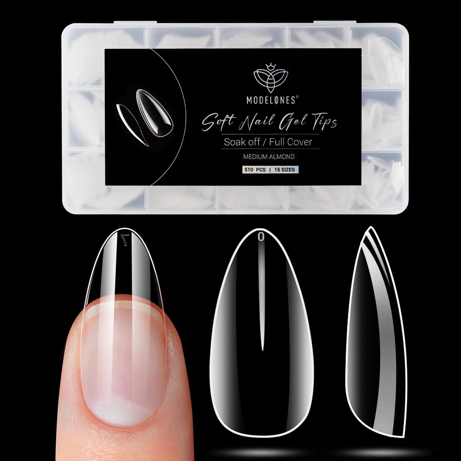 Modelones Nageltips 510 Stück- Full Cover Nail Tips Set,Gel Tips Set, Transparent PMMA Harz Nagelspitzen, Künstliche Nägel Zum Aufkleben Nail Art DIY, Medium Almond