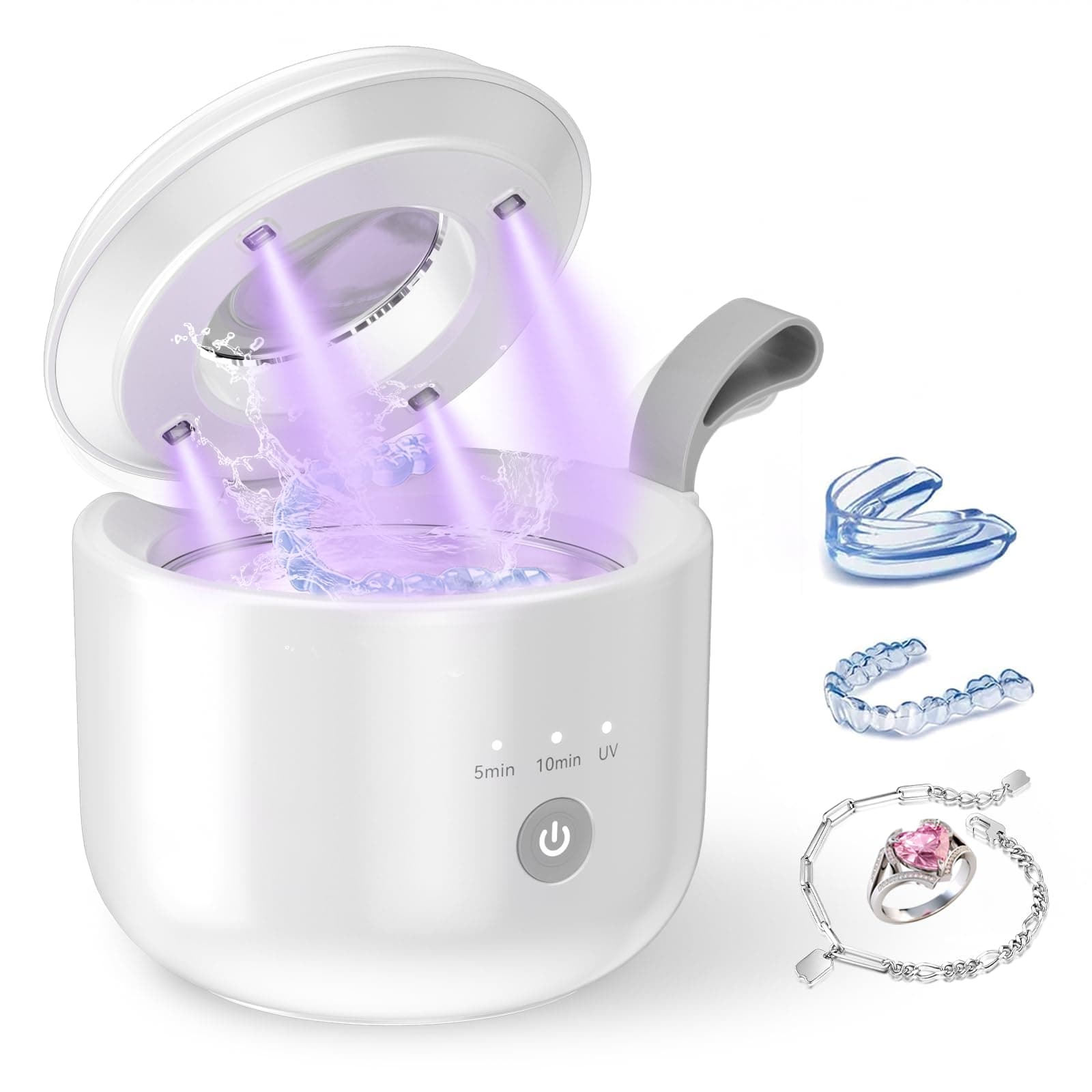 Jeatone Pulitore senza fili ad ultrasuoni 48kHz, 125ml detergente per protesi ad ultrasuoni con luce U-V per parentesi graffe, testine spazzolino da denti, gioielli, 3 modelli, design portatile