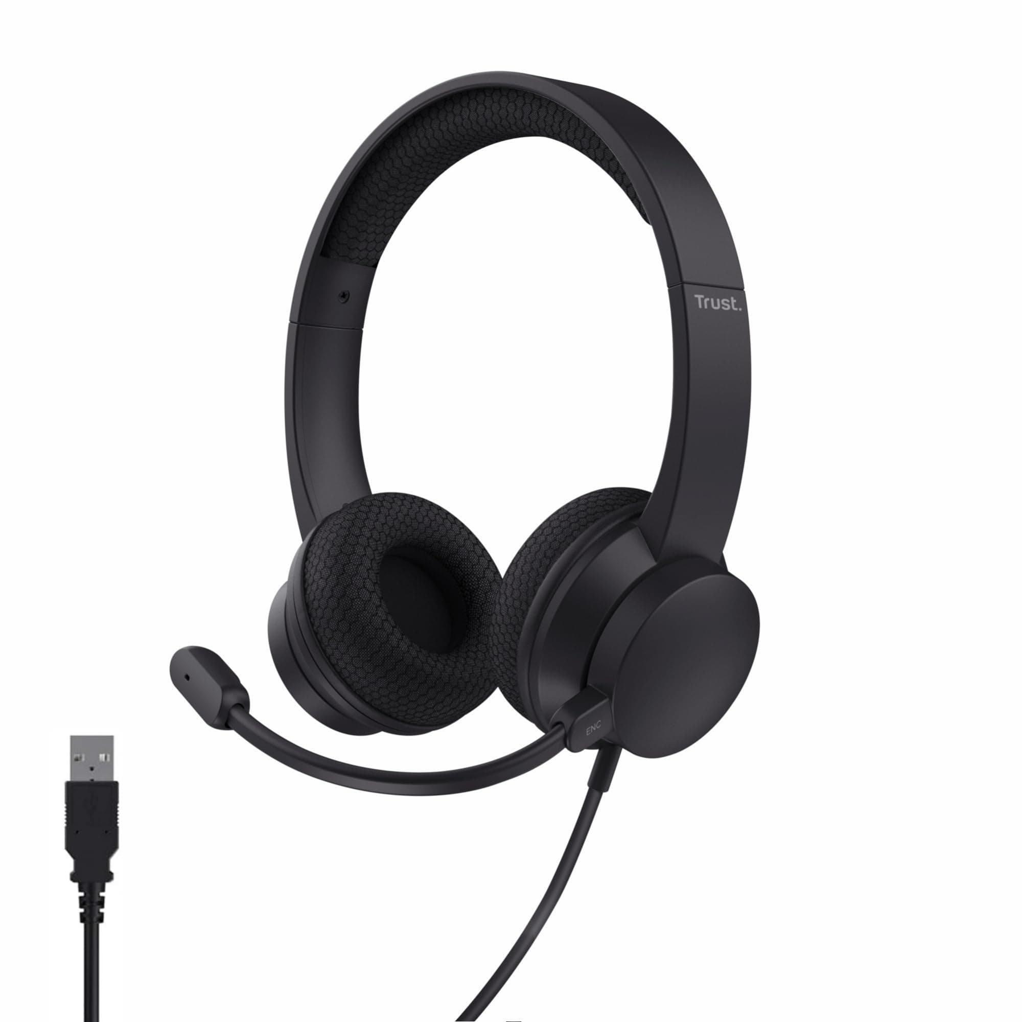 Trust Roha II Auriculares con Cable USB con Micrófono ENC, Negro | Cascos On Ear Ligeros USB-C, Micrófono Cancelación de Ruido ENC, 85% Plástico Reciclado, Cable 1,8 m, para PC Zoom Teams