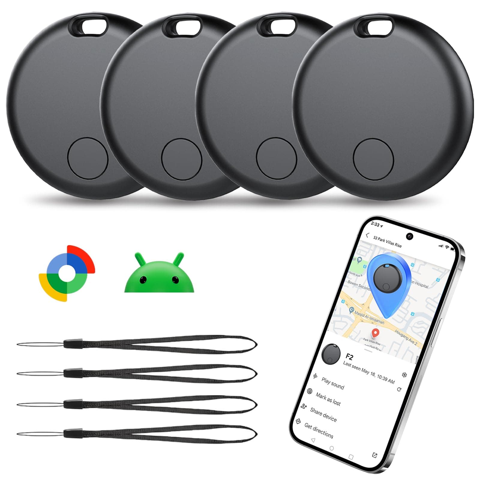 Android Smart Tag, Traceur GPS Lot de 4, Localisateur D’Objets Bluetooth Fonctionne avec l’app Google Localiser (Uniquement Android), Batterie Remplaçable, IP67 Imperméable, Voiture/Les clés/Valises
