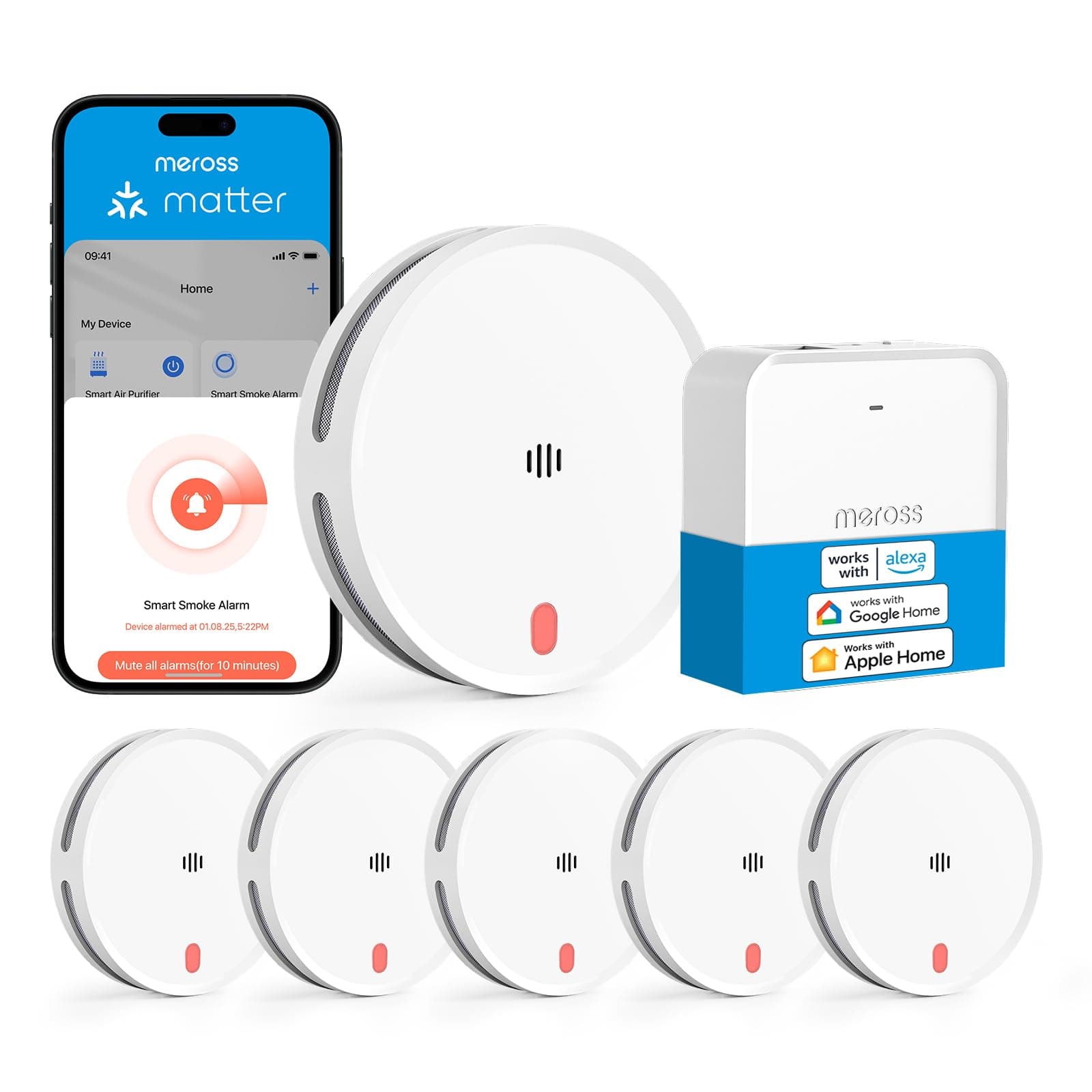 Meross Matter Detector De Humo Conectado, Alarma De Incendios WiFi Inteligente con Doble Sensor Óptico, Alarma De Fuego con Notificación App, Detectores De Humo, 33 mm, con Hub MSH450, 6 Unidades