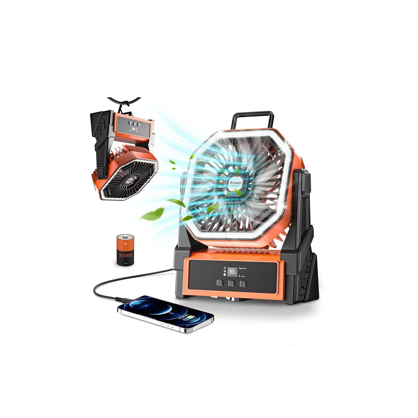 Kssvzz 30000mAh Ventilateur Camping, 4 Vitesses Silencieux Ventilateur USB avec LED, 270° Rotation Ventilateur de Table Rechargeable, Ventilateur Batterie pour Voyager, Pique-nique, Randonnée
