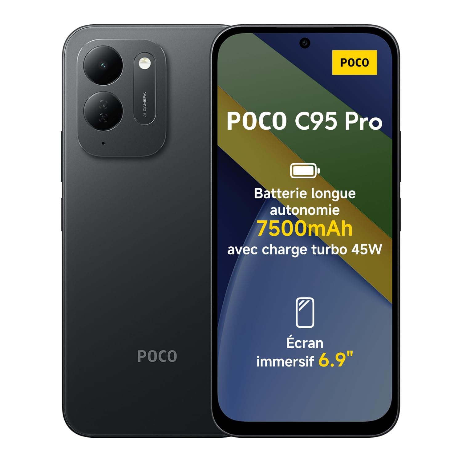 POCO C95 Pro, Smartphone 8+256 Go, Noir, Batterie 7 500 mAh, Charge 45 W | Écran immersif 6,9" 120 Hz, puissant processeur Helio G91-Ultra, double caméra IA 50 Mpx, HyperOS 3, garantie prolongée 1 an