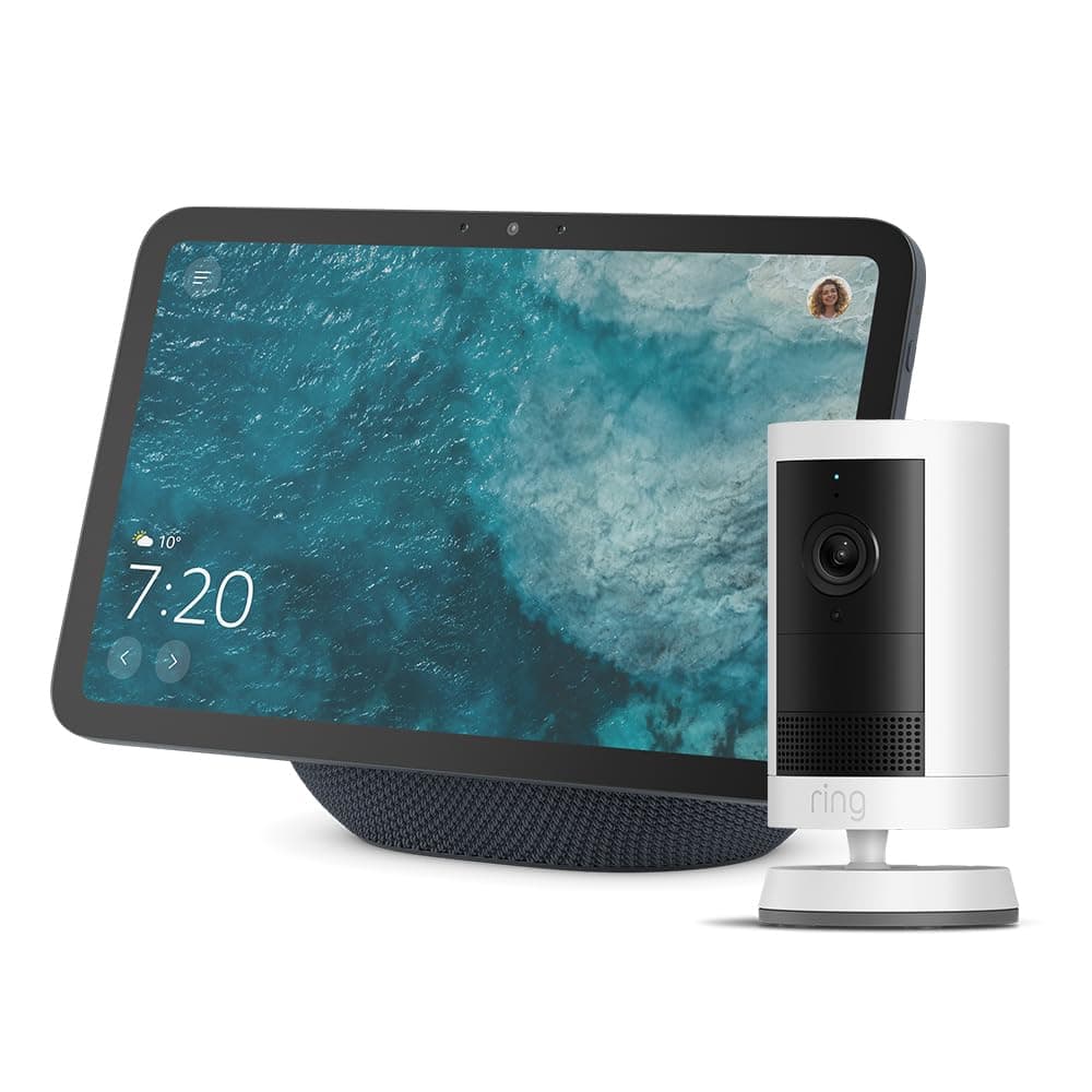 Amazon Echo Show 8 (neueste Gen.), Graphit + Ring Außenkamera Plus Akku, Weiß, Garten auf dem Echo Show sehen, Alexa+ Early Access