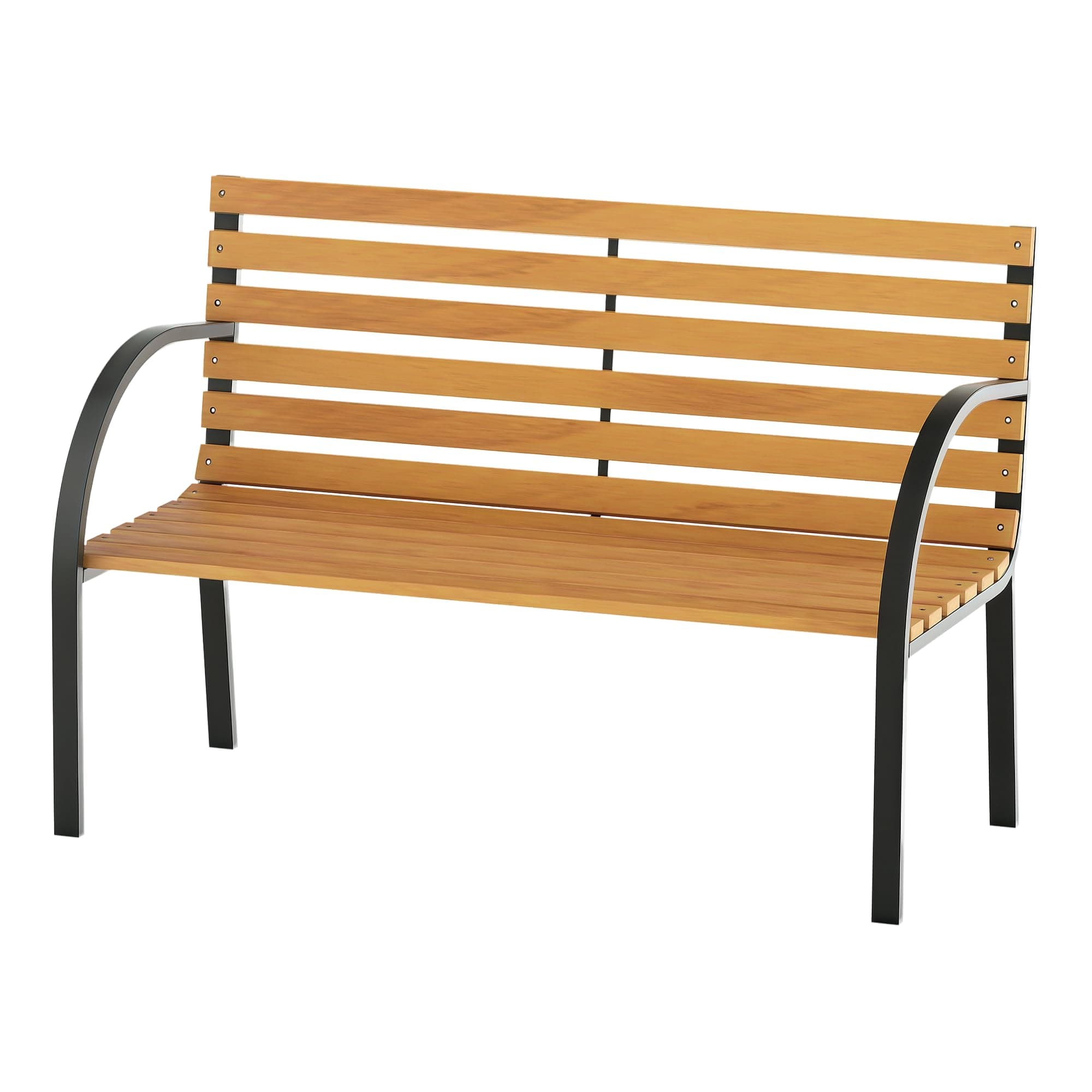 Outsunny Banc de Jardin 2 Places Style Rural Chic Assise Dossier à Lattes Bois Naturel lasuré châssis Acier époxy Noir