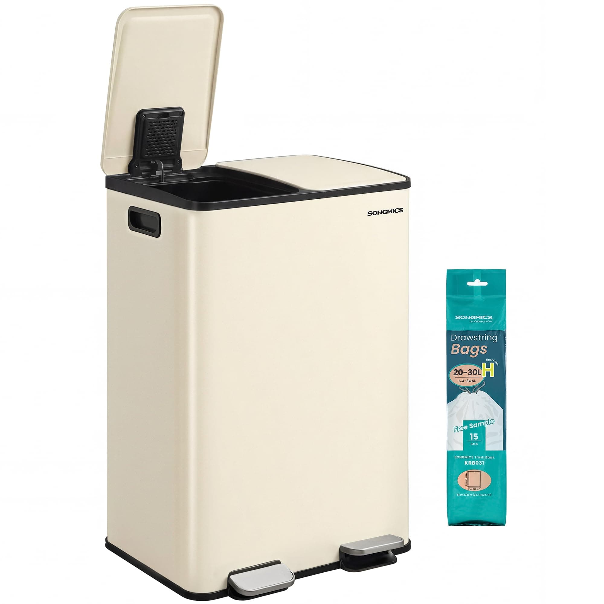 SONGMICS Cubo de Basura de Cocina, 2 x 30 L, 2 Compartimentos, Papelera de Pedal, con Tapa de Cierre Suave y Cubo Interior, Acero, Incluye 15 Bolsas de Basura, Crema LTB741AZ02