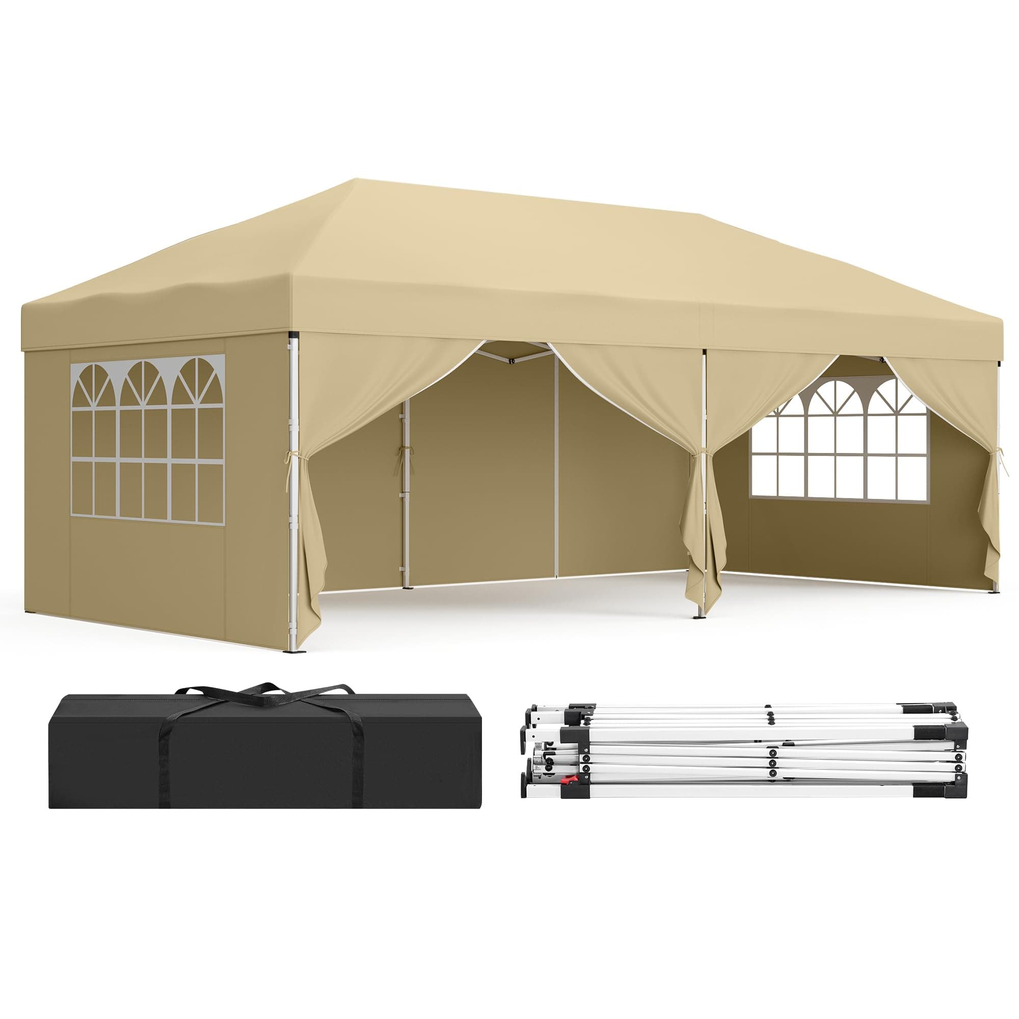 SONGMICS Tonnelle Pliante avec Parois Latérales, Anti-UV | Tente de Camping, 600 x 300 x 264 cm, Portable, Pique-Nique, Beige, Collection SHELD GCT204LZ01