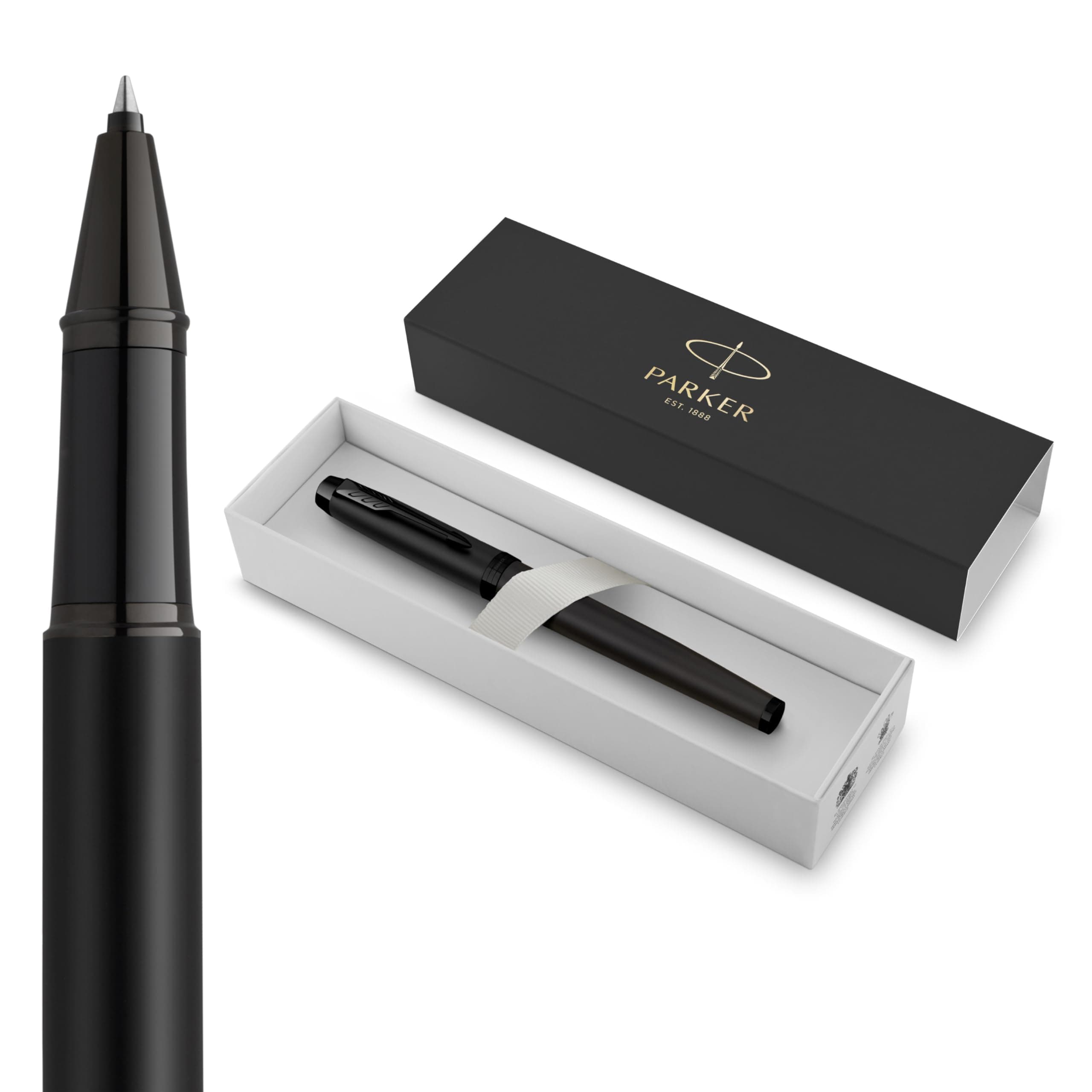 Parker IM bolígrafo roller | Negro mate con adornos negros | Punta fina con recambio de tinta negra | Estuche de regalo