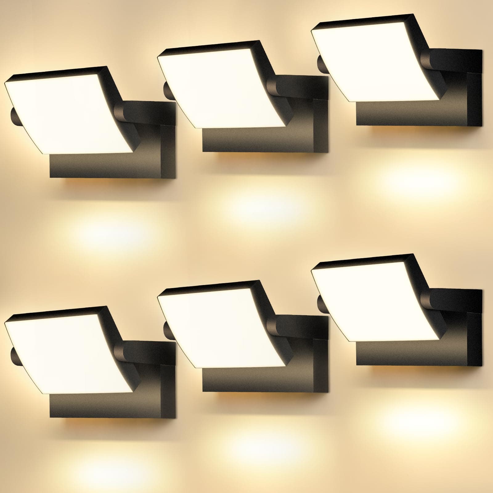 GXXG 6 lámparas LED de pared de 40 W para exteriores/interiores, resistentes al agua IP65, modernas, con panel LED giratorio, para entrada de jardín, 4000 lúmenes, color negro, blanco cálido 3000 K