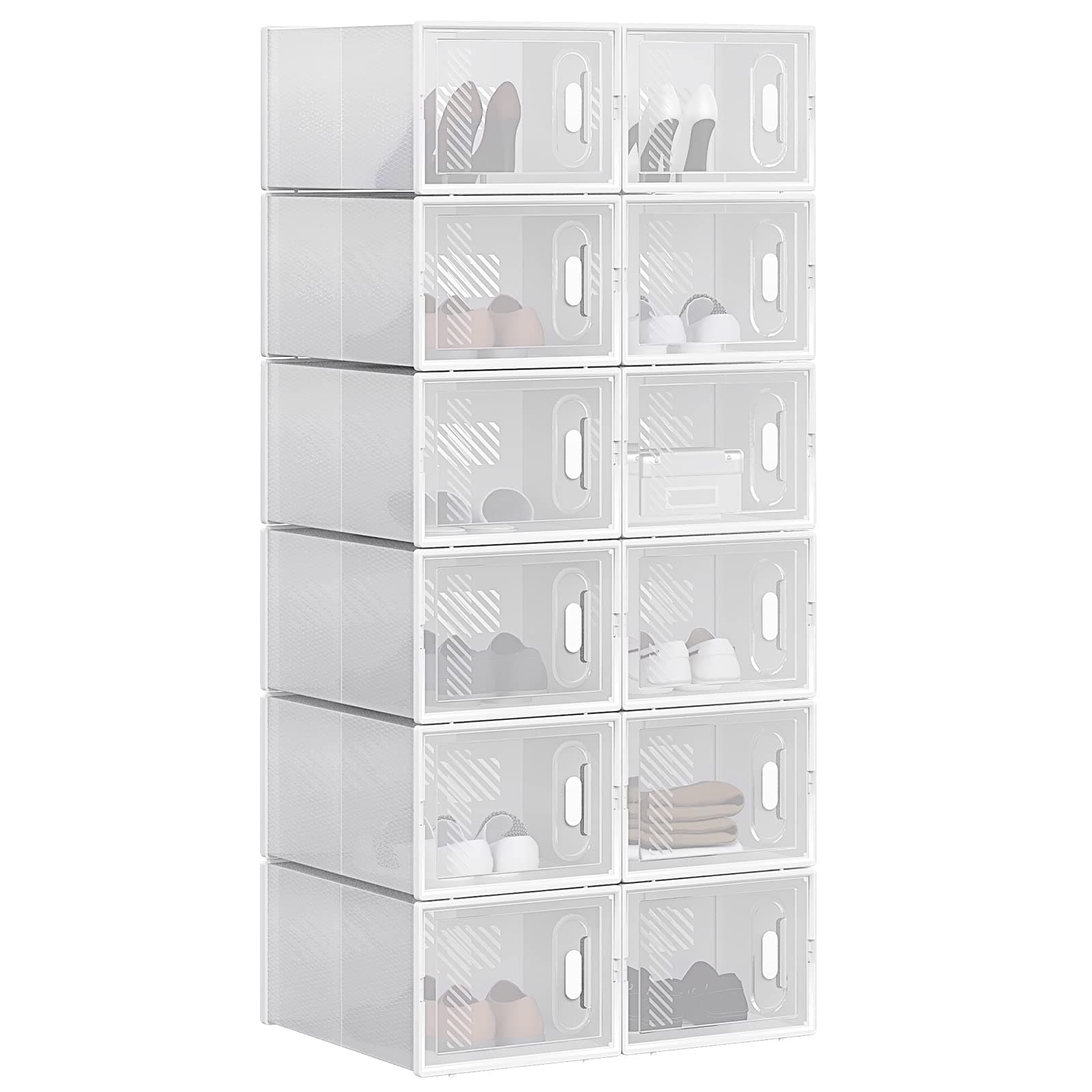 WOLTU Schuhregal mit 12 stapelbaren Schuhboxen Schuhschrank Regalsystem mit Magnetverschluss Steckregal aus Kunststoff DIY 25x19x35 cm transparent weiß