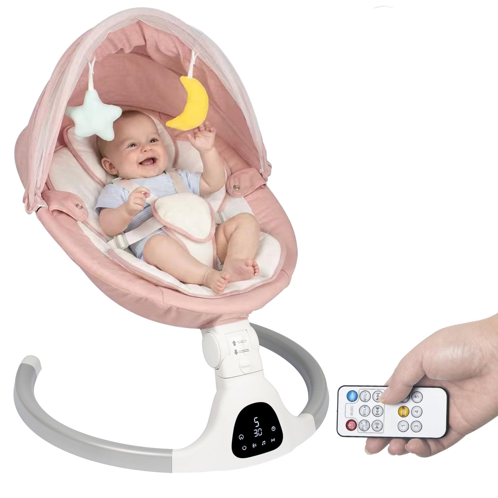 JFOVMCYG Columpio eléctrico para recién nacido con control remoto, 5 velocidades de balanceo, temporizador 8/15/30 min, arnés de 5 puntos, asiento lavable, estructura estable – Rosa