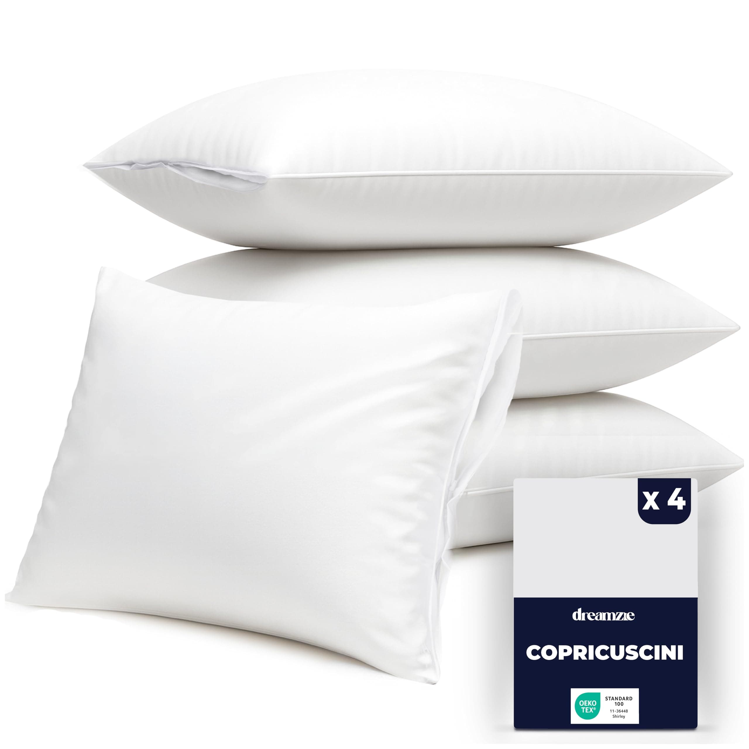 Dreamzie - Copricuscino Letto 50x75 cm - Impermeabile - Cerniera - Set di 4 | Federe per Cuscini da Letto Antiacaro · Anallergiche · Lavabili a 90°C · Oeko-Tex · Anti-Cimici · Antimacchia · Bianche