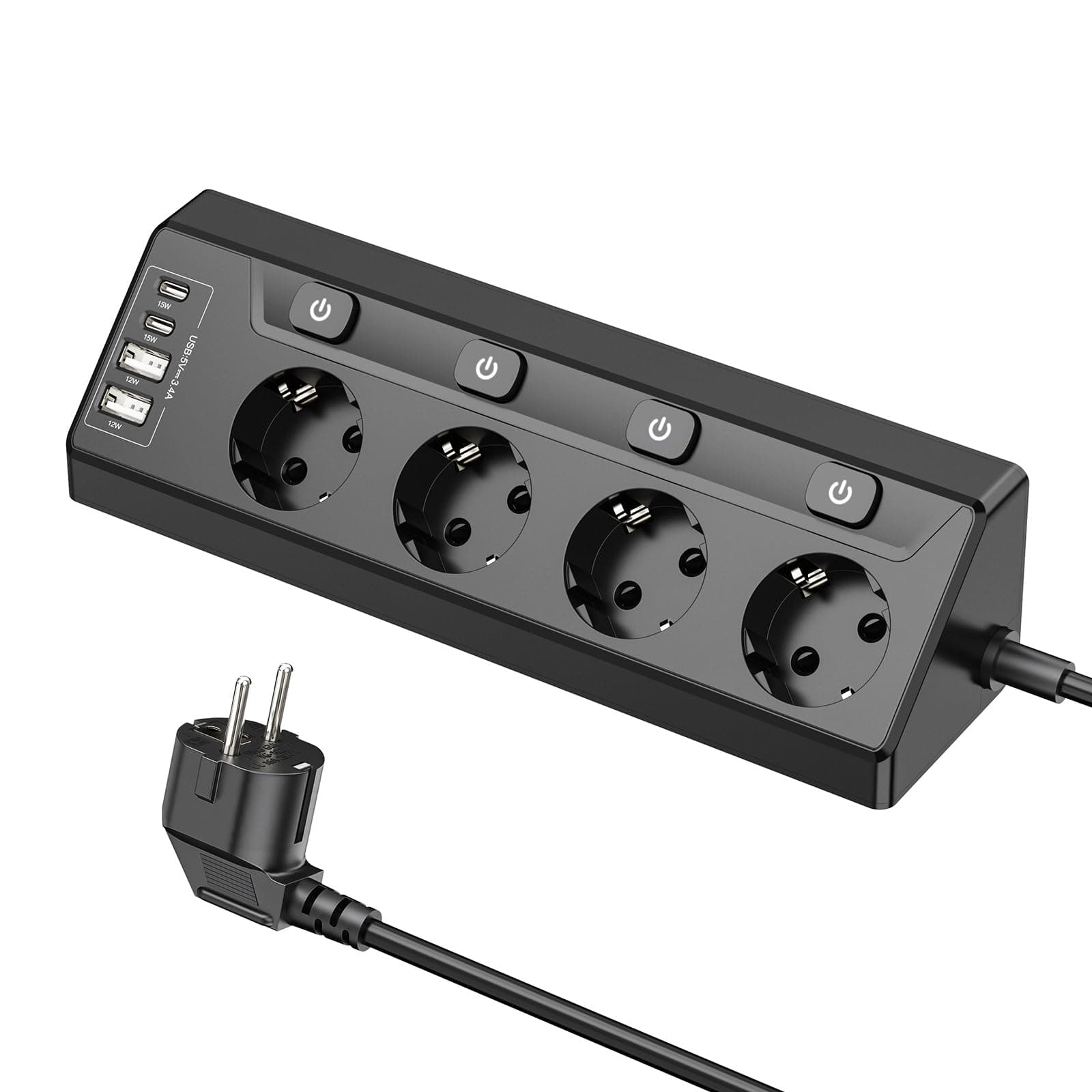 Regleta de Enchufes de Esquina con USB, 4 Enchufes con Interruptor, Regleta Múltiples con 2 USB y 2 Type-C, Protección contra Sobretensiones 8 en 1 con Cable de 2M para Smartphones, Tabletas, Negro