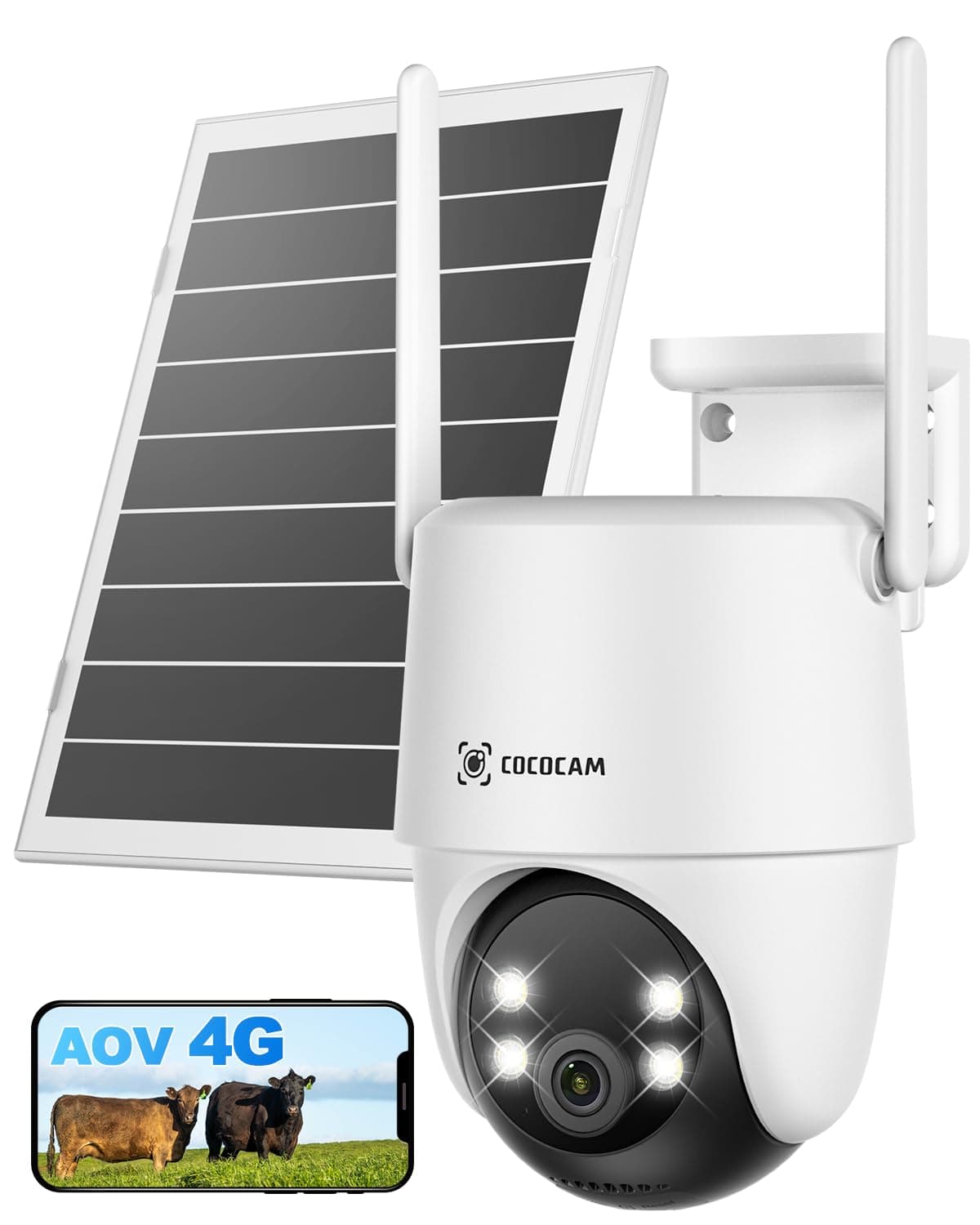 COCOCAM 24/7 Grabación AOV 4G LTE Camara Vigilancia Exterior Solar Sin WiFi, 15000mAh Batería 8W Panel Solar, 2K PTZ, Detección IA, Seguimiento IA, Visión Nocturna 30 Metros, eSIM Incluida (NO WiFi)