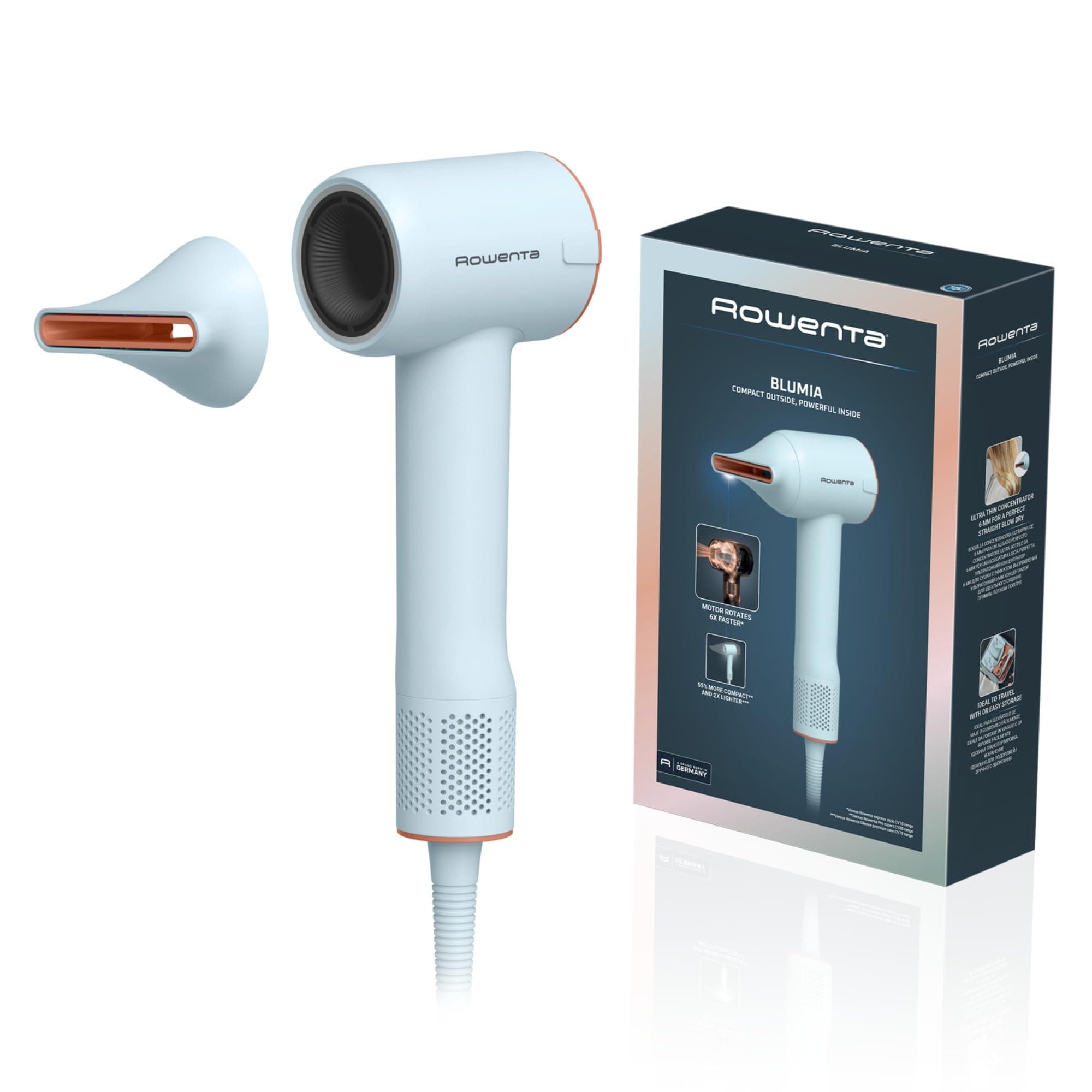 Rowenta Blumia Asciugacapelli Compatto e Leggero 350 g, Motore Digitale, Asciugatura Rapida, Generatore di Ioni, 3 Temperature, 2 Velocità, Beccuccio Magnetico, Blu