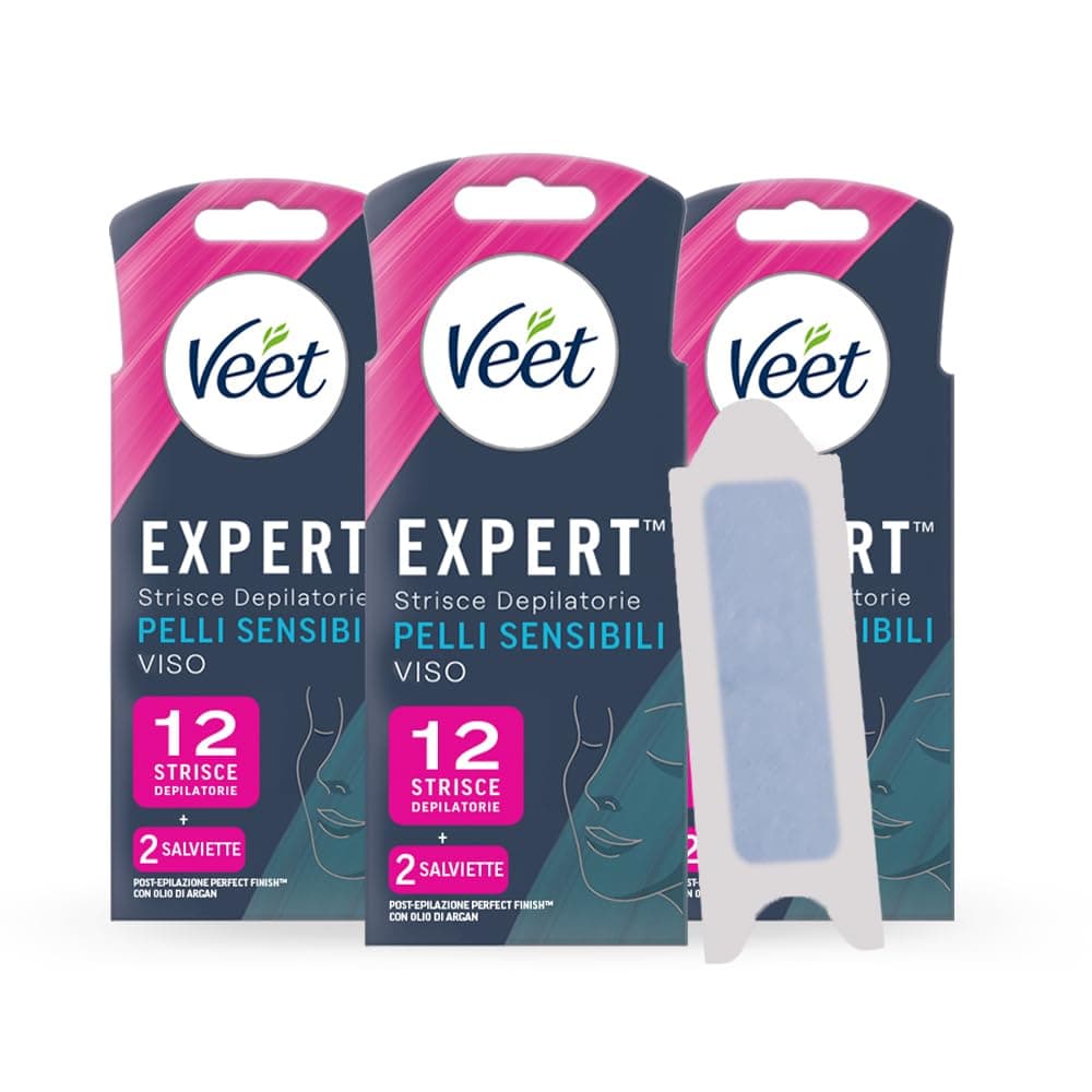 Veet Expert Strisce Depilatorie Viso, Ceretta per Pelli Sensibili con Olio di Mandorla, Dermatologicamente Testate, 36 Strisce (3x12 Strisce) + 6 Salviette Post-Epilazione con Olio D'Argan