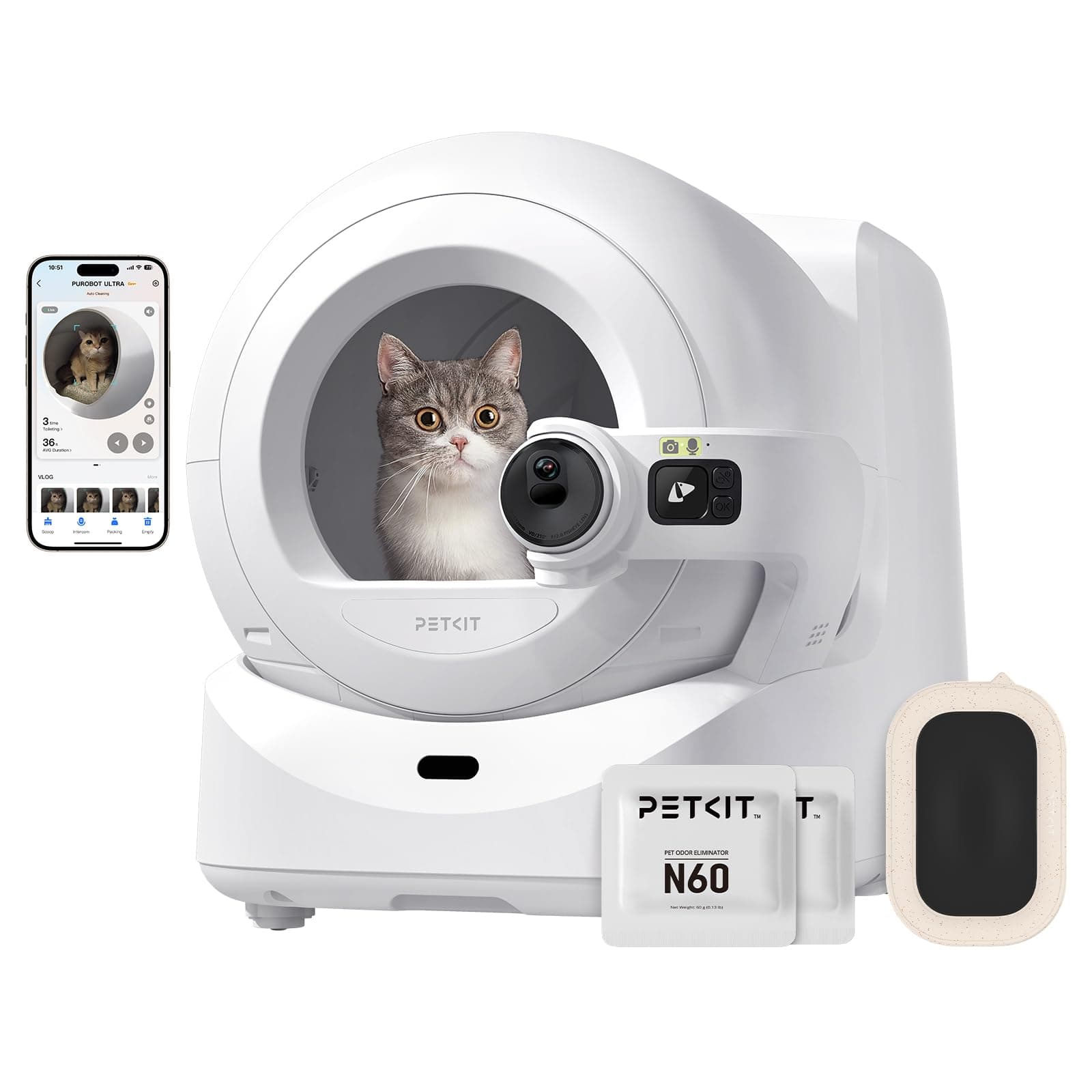 PETKIT PUROBOT Ultra Arenero Gatos Autolimpiable, Cámara AI, Embalaje Automático, Arenero Autolimpiable para Gatos, 2,4 G y 5 G WiFi, App Control, Eliminación de Olores, 70L, para Varios Gato