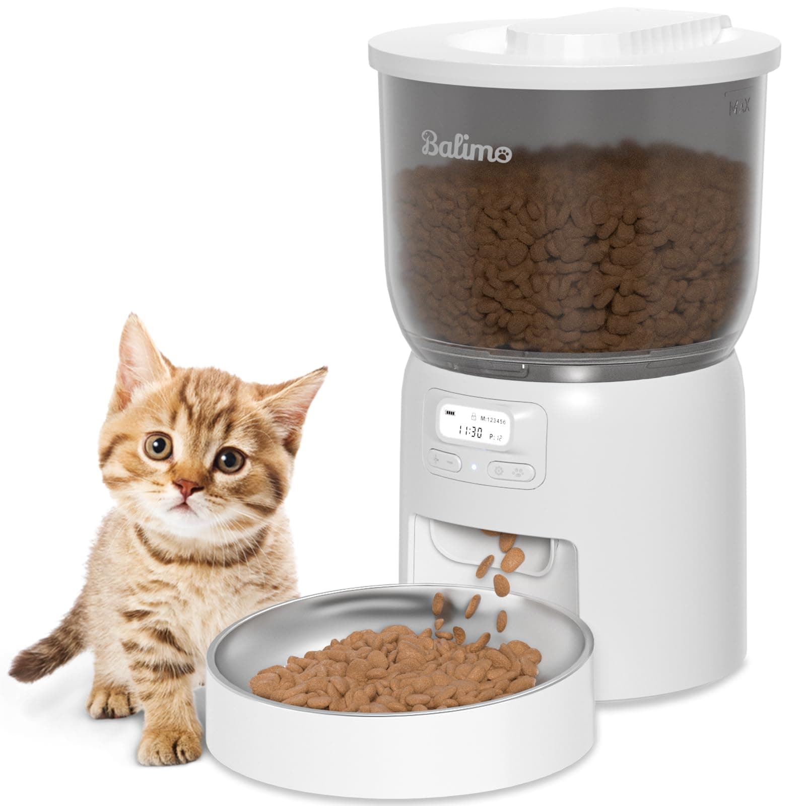 Balimo Comedero Gato Automatico, 3L Dispensador Comida Gatos y Perros, Mangiatoia Automatica con Ciotola In Acciaio INOX y Timer Programmabile, 1-6 Pasti Al Giorno, Blanco