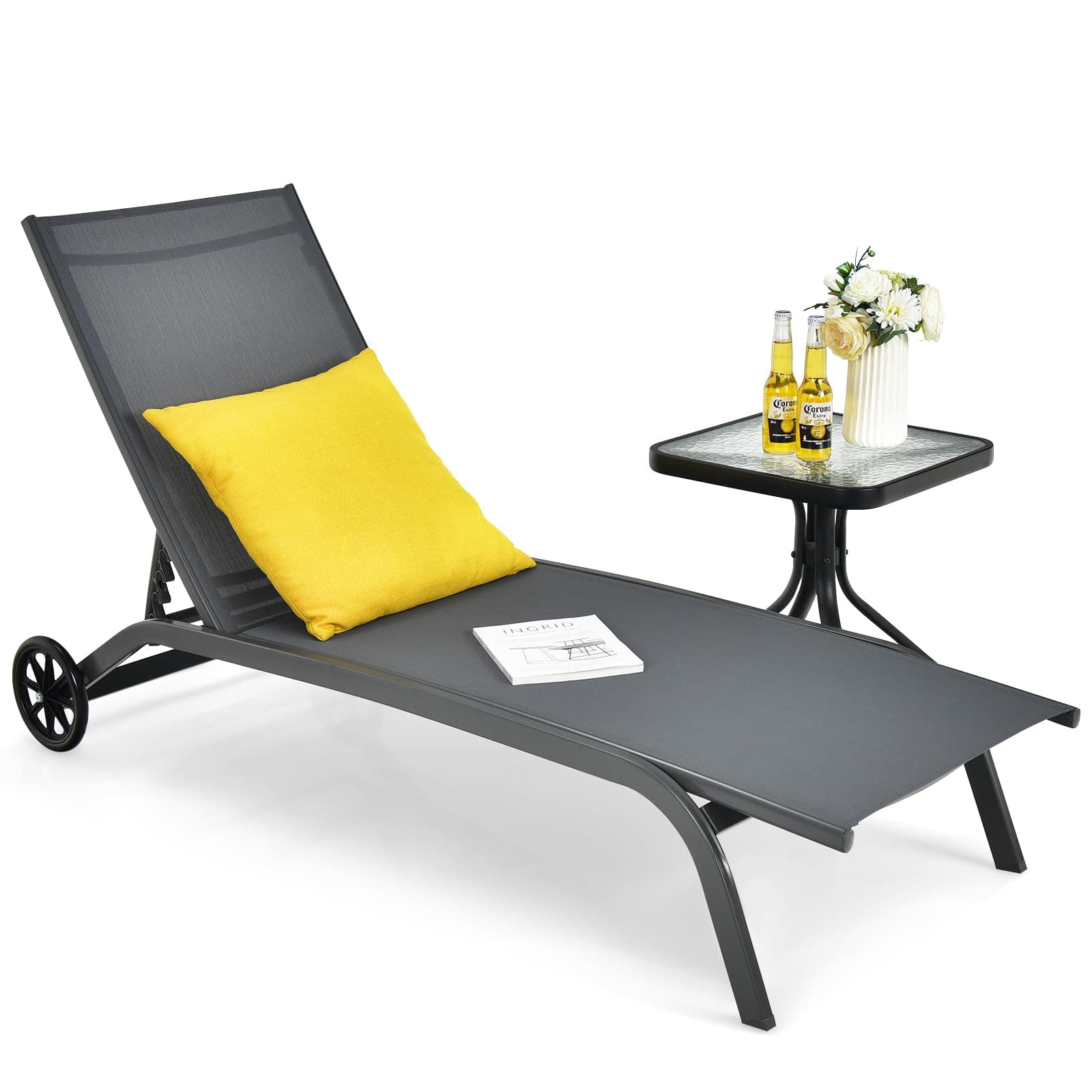 KOMFOTTEU Chaise Longue avec roulettes, Transat de Jardin, Dossier réglable à 6 Positions, Charge 150 kg, Chaise Longue d'Extérieur Mobile, pour Balcon, Terresse, Picine, 190,5 x 61 x 34 cm (Gris)