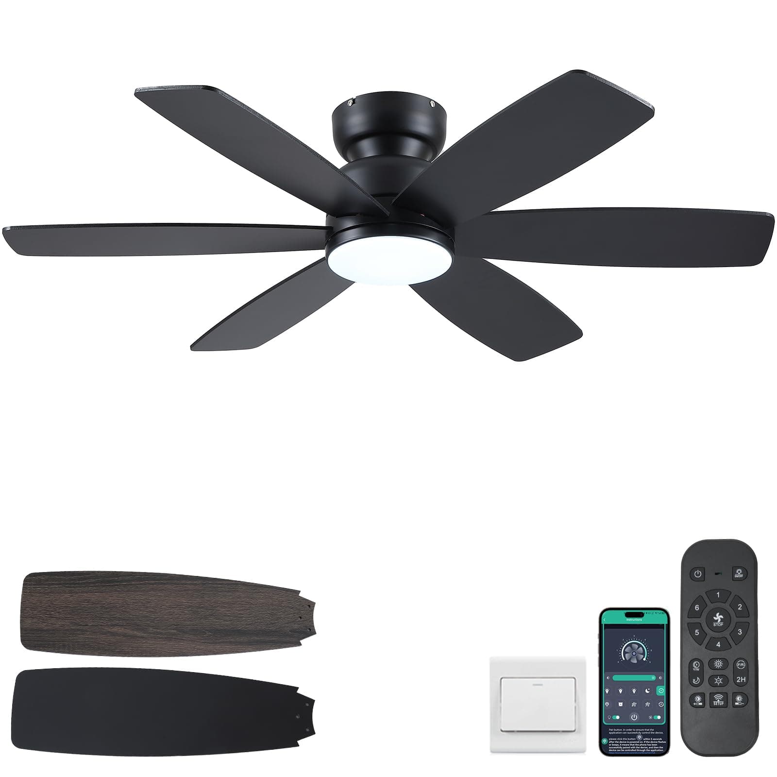 Ventilateur de plafond 117 cm avec lumière, télécommande et APP, ventilateur bas profil encastrable, 3 températures de couleur, 6 pales réversibles 6 vitesses, moderne pour chambre et salon, noir