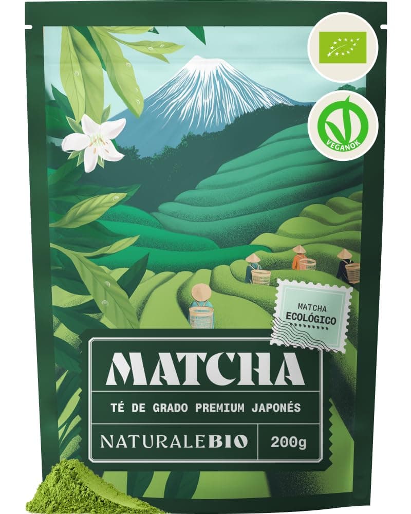 NaturaleBio Té Verde Orgánico en Polvo - 200g - Té Matcha Biológico Japonés, Bio Grado Premium - Cultivado en Japón, Uji, Kyoto - Ideal para Beber, Cocina y Latte