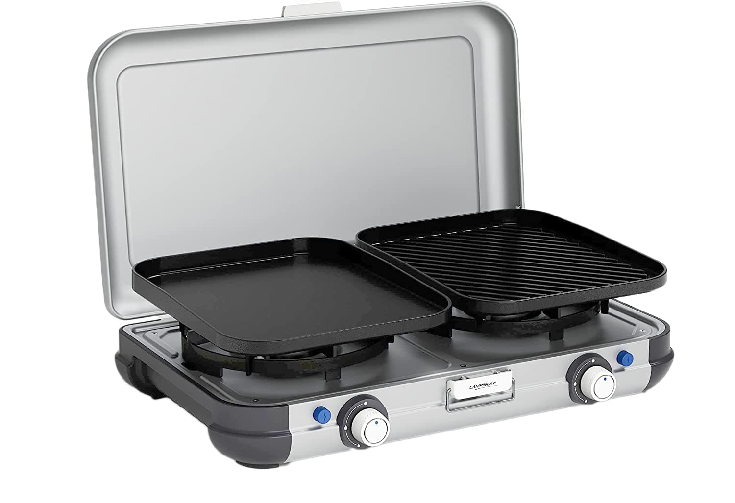Campingaz Camping Kitchen 2 Grill & Go CV | Cocina Camping de gas, 2 fuegos, funciona con cartucho gas, 3,600 vatios, cocina cartucho con 2 placas de cocción regulables de forma continua